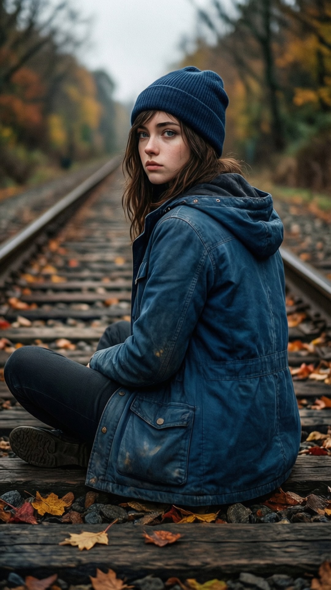 Chloe on Tracks 壁紙 — 一位年輕女性戴著藍色毛帽和牛仔外套，坐在散落在被樹木環繞的鐵軌上的秋葉上。