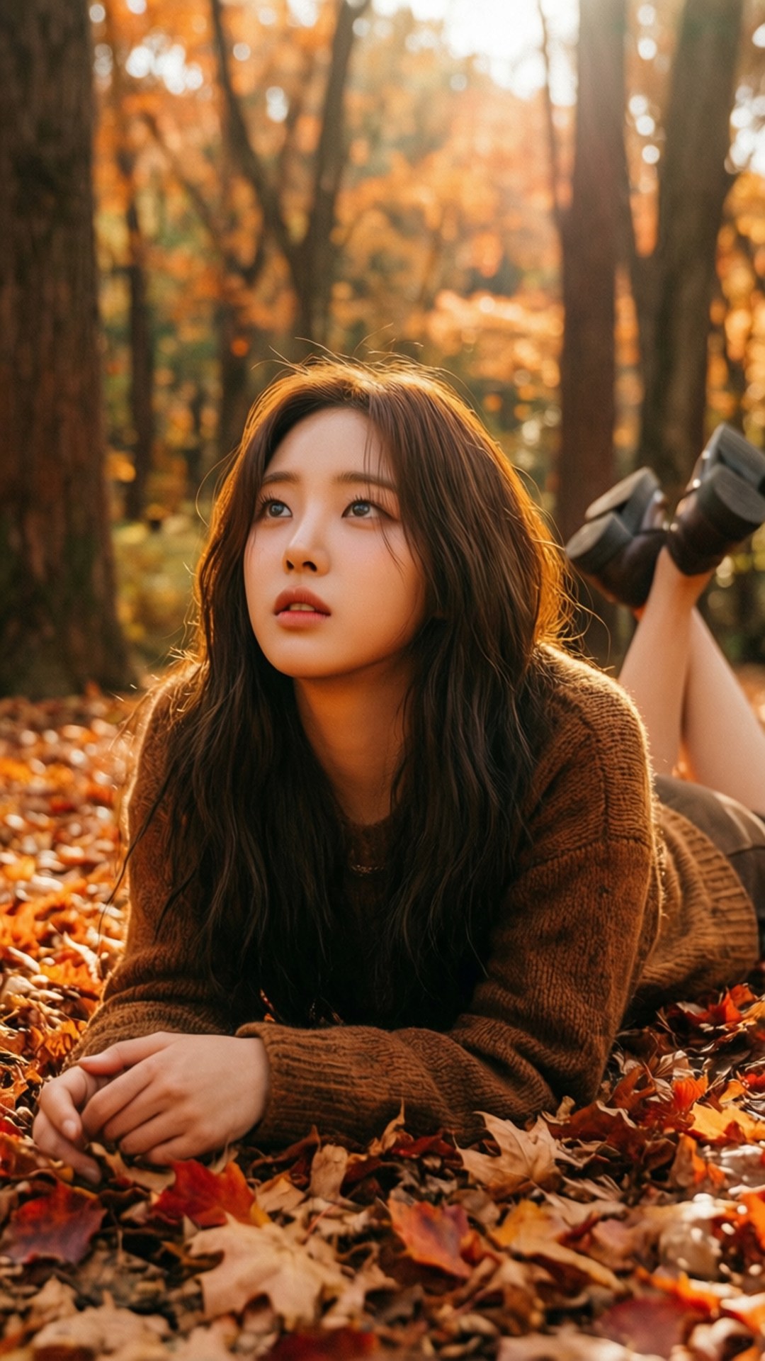 Jiho's Autumn Reverie 壁紙 — 一位穿著棕色毛衣的年輕女性躺在陽光明媚的森林中金色的秋葉之間，抬頭凝視，表情平靜。