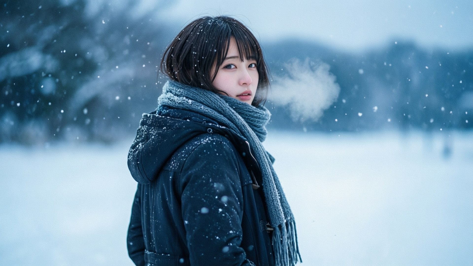 Miku Winter Walk 壁紙 — 一位年輕女子身穿深色外套和圍巾，站在雪地裡，雪花飄落，她呼出可見的氣息。