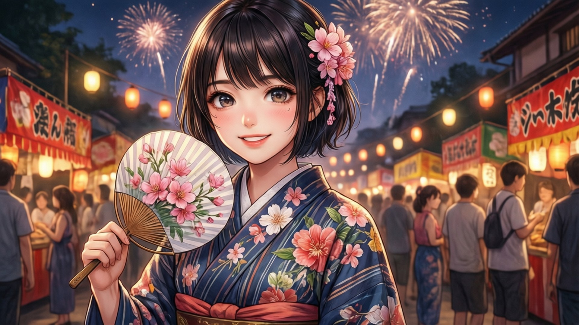 Sumi Festival Night 壁紙 — 一位年輕女子穿著花卉和服，在發光的燈籠下拿著相配的扇子，煙火在繁忙的日本節日街道上空綻放。