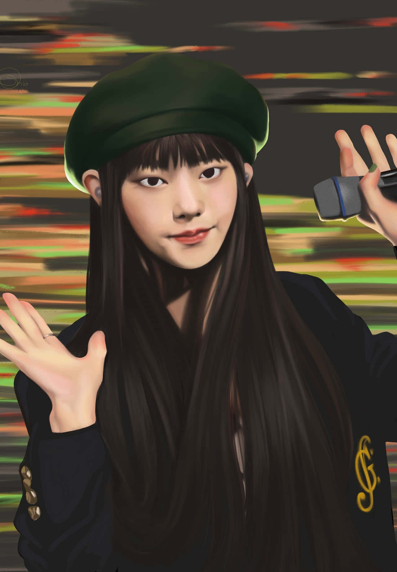  壁紙 — 一位長黑髮、戴綠色貝雷帽的年輕女子，在色彩斑斕的條紋背景前揮舞著麥克風。