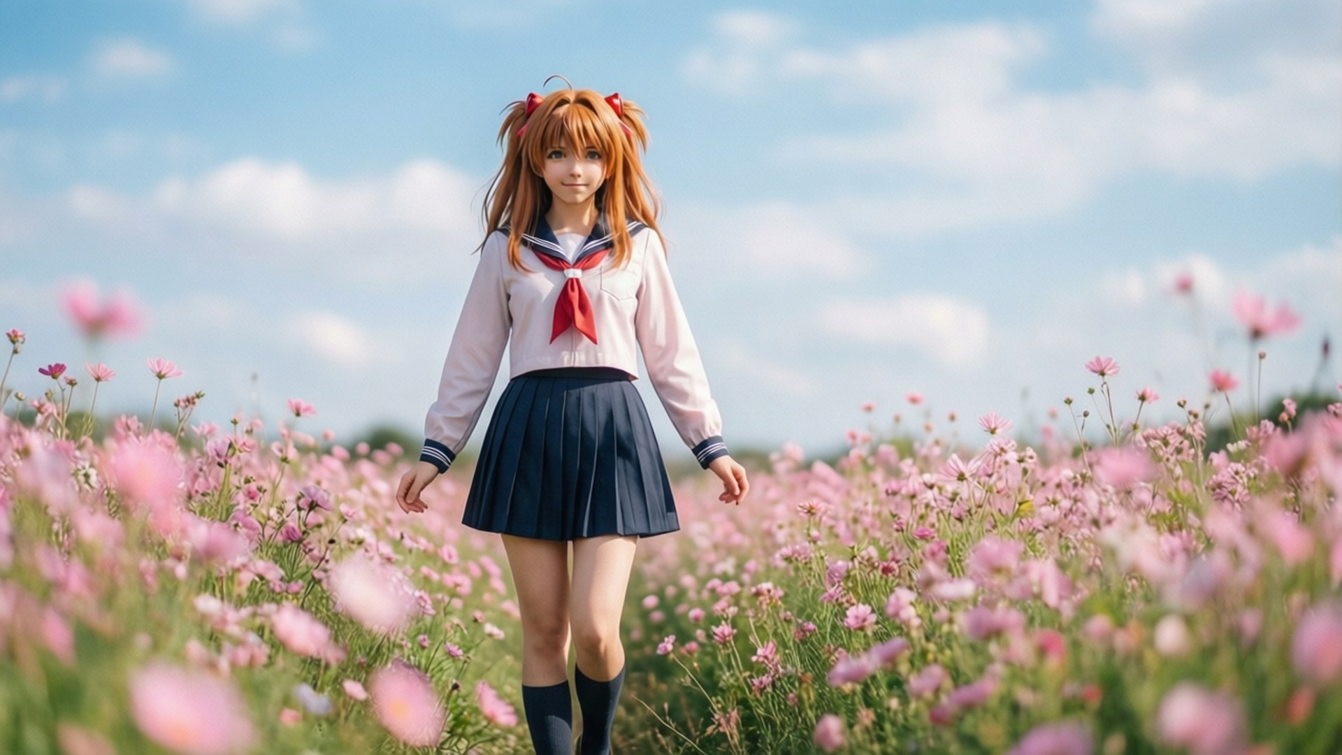 Madoka in Flower Field 壁紙 — 一位穿著水手服的年輕女子在晴朗藍天和蓬鬆白雲下走過粉紅色波斯菊花田。