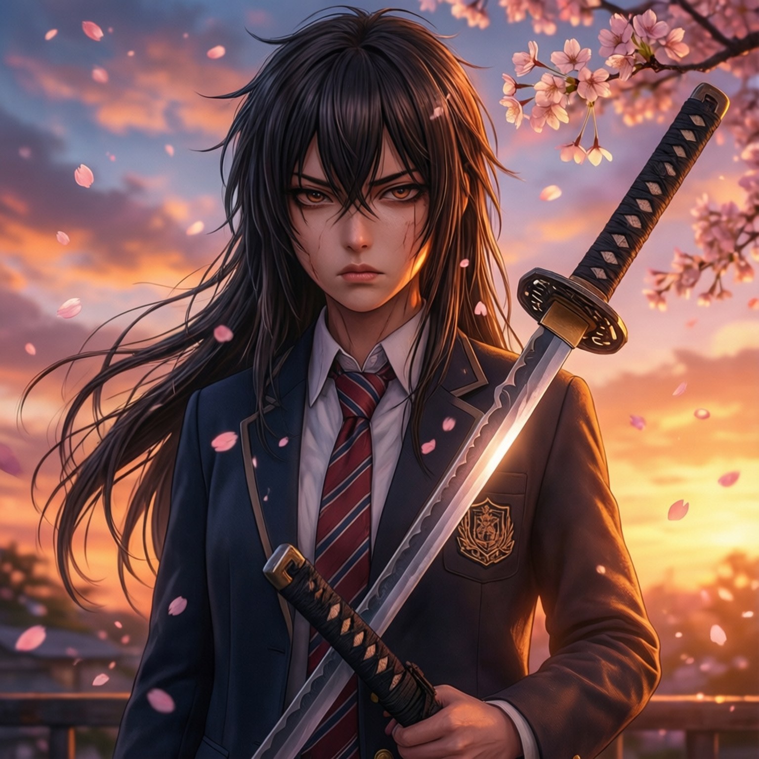 Kisara's Resolve 壁紙 — 一位穿著校服的年輕女子手持武士刀，櫻花在夕陽的天空中飄舞。