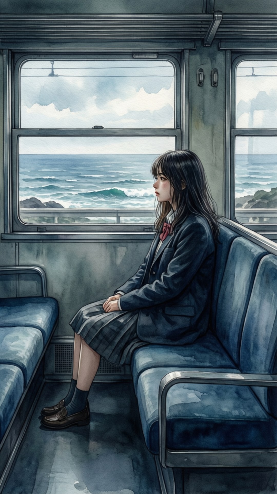 Train Window Contemplation 壁紙 — 一位穿著校服的年輕女子獨自坐在火車長椅上，透過雨水斑駁的窗戶凝視著波濤洶湧的海洋。