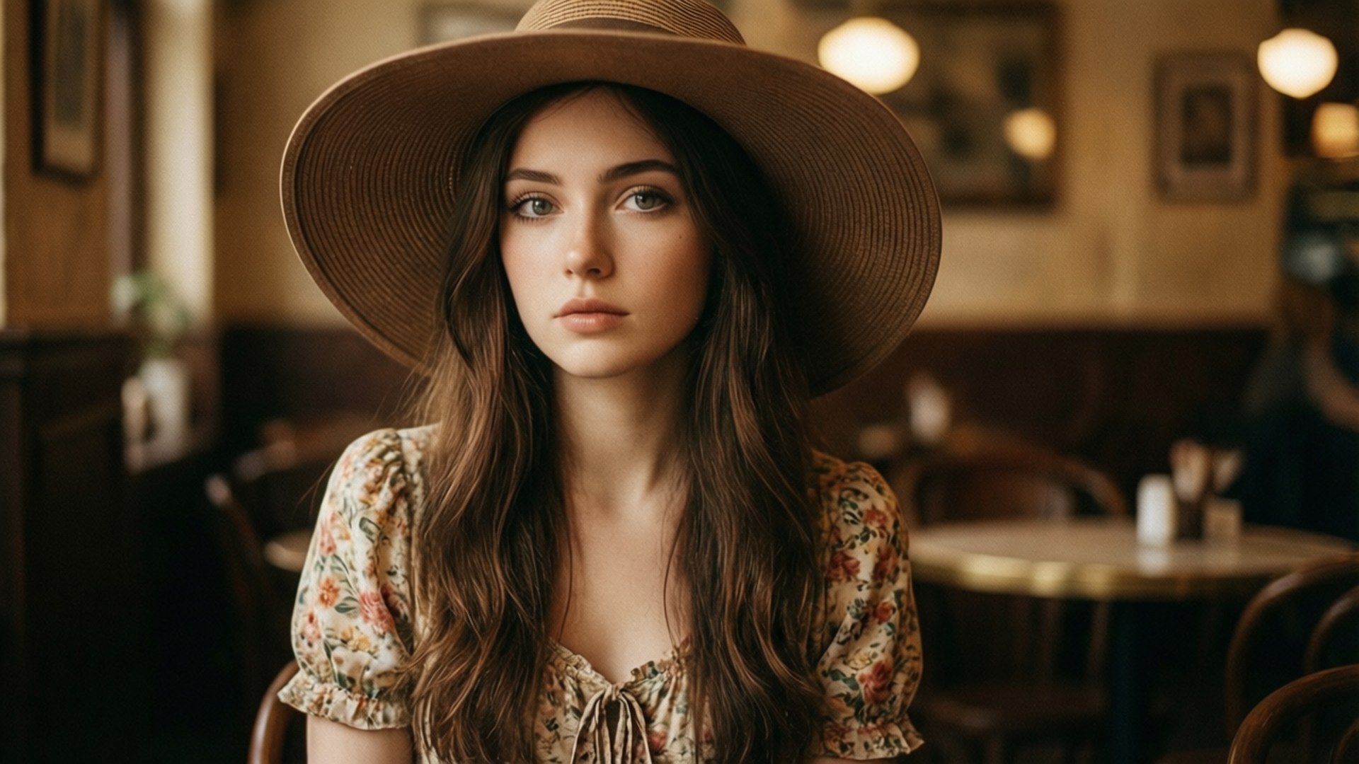 Vintage Café Girl 壁紙 — 一位長著棕色長髮的年輕女性戴著寬邊草帽和花卉圖案襯衫，坐在溫暖燈光的復古咖啡館裡。