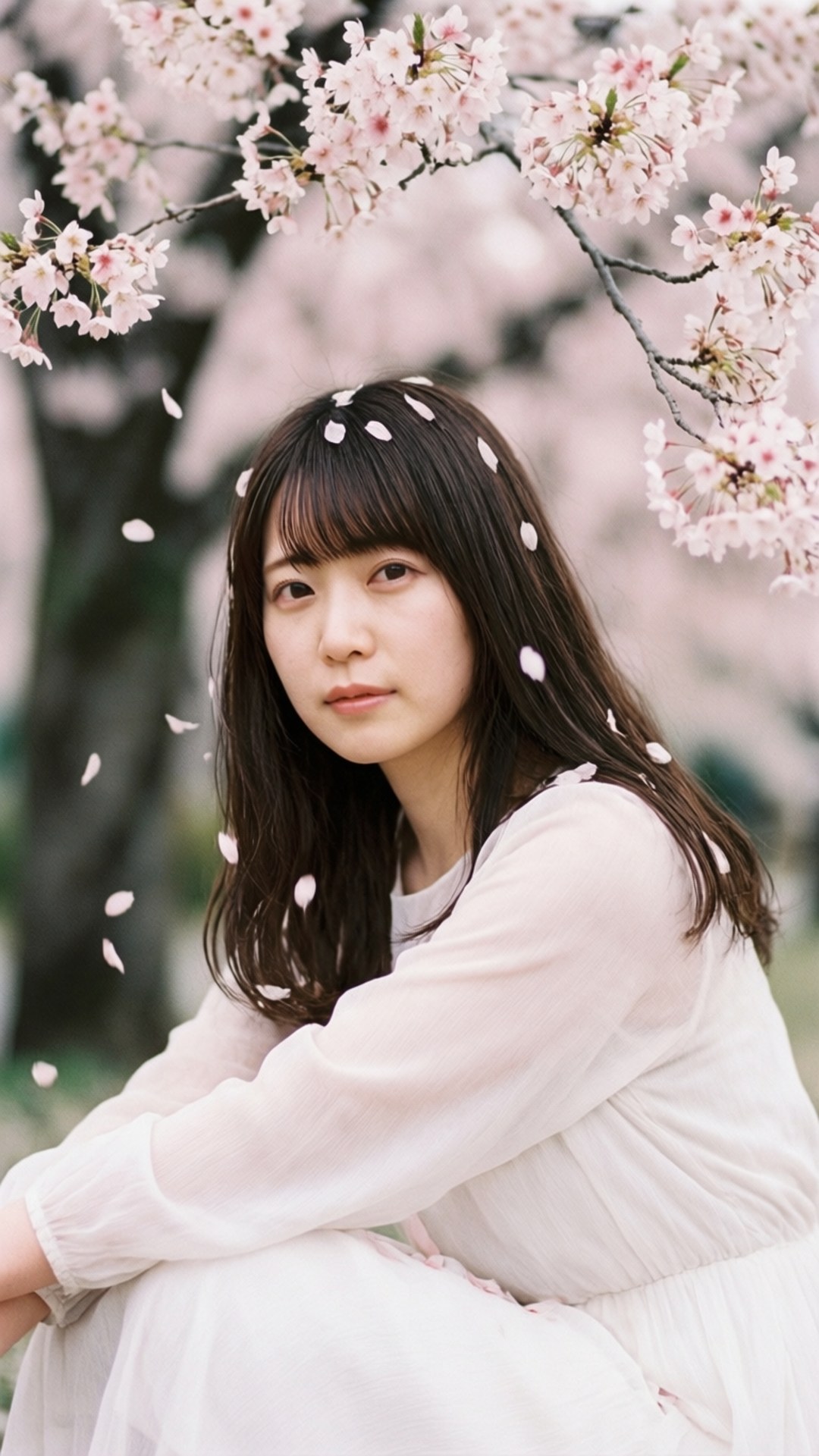 Peaceful Blossoms 壁紙 — 一位身穿白色連衣裙的年輕女子坐在飄落的櫻花下，柔軟的粉色花瓣在她周圍飄舞。