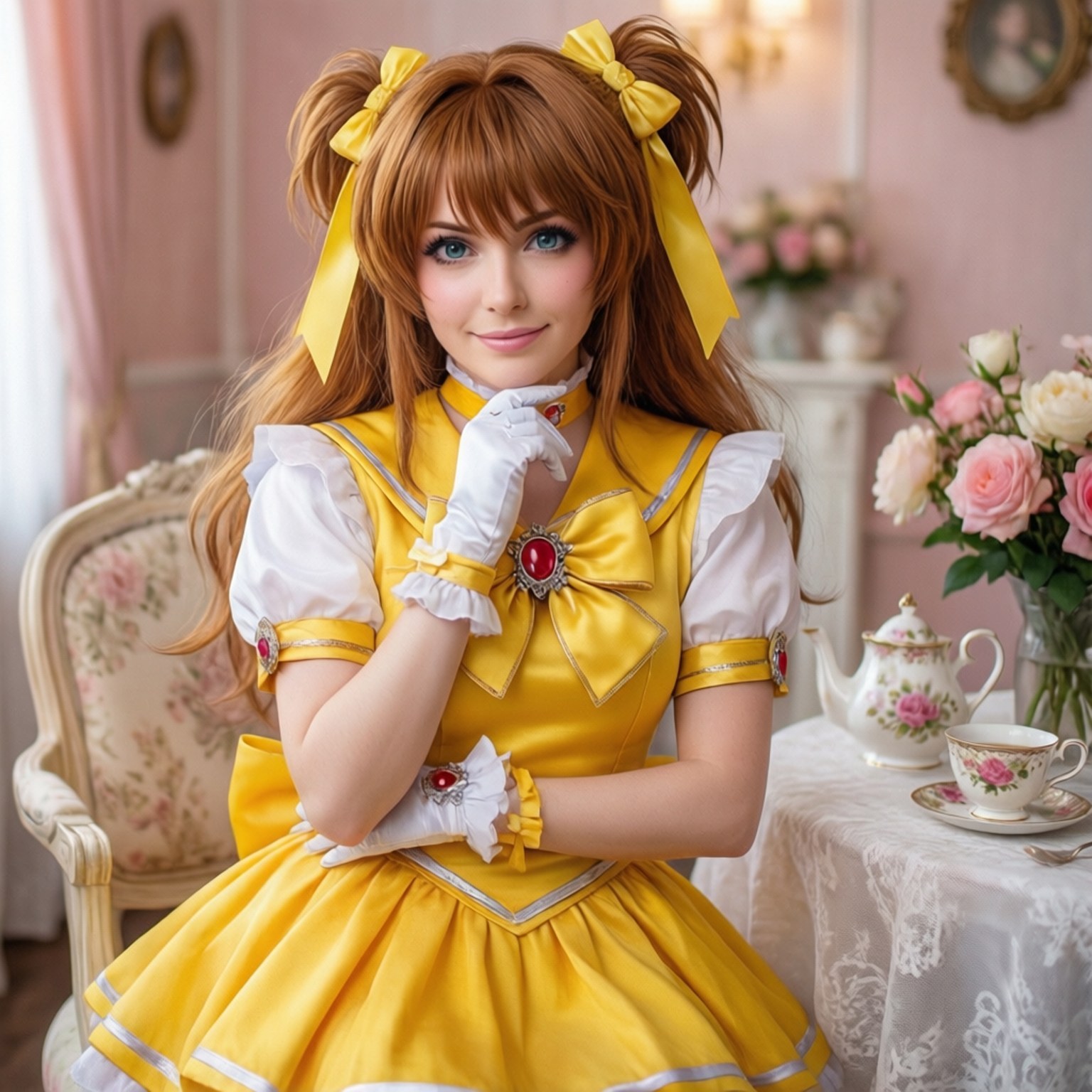 Elegant Mami Tea Party 壁紙 — 一位身穿鮮黃色水手服、戴著白手套的年輕女子，優雅地坐在一個以玫瑰和復古家具裝飾的粉彩粉紅色茶室中。