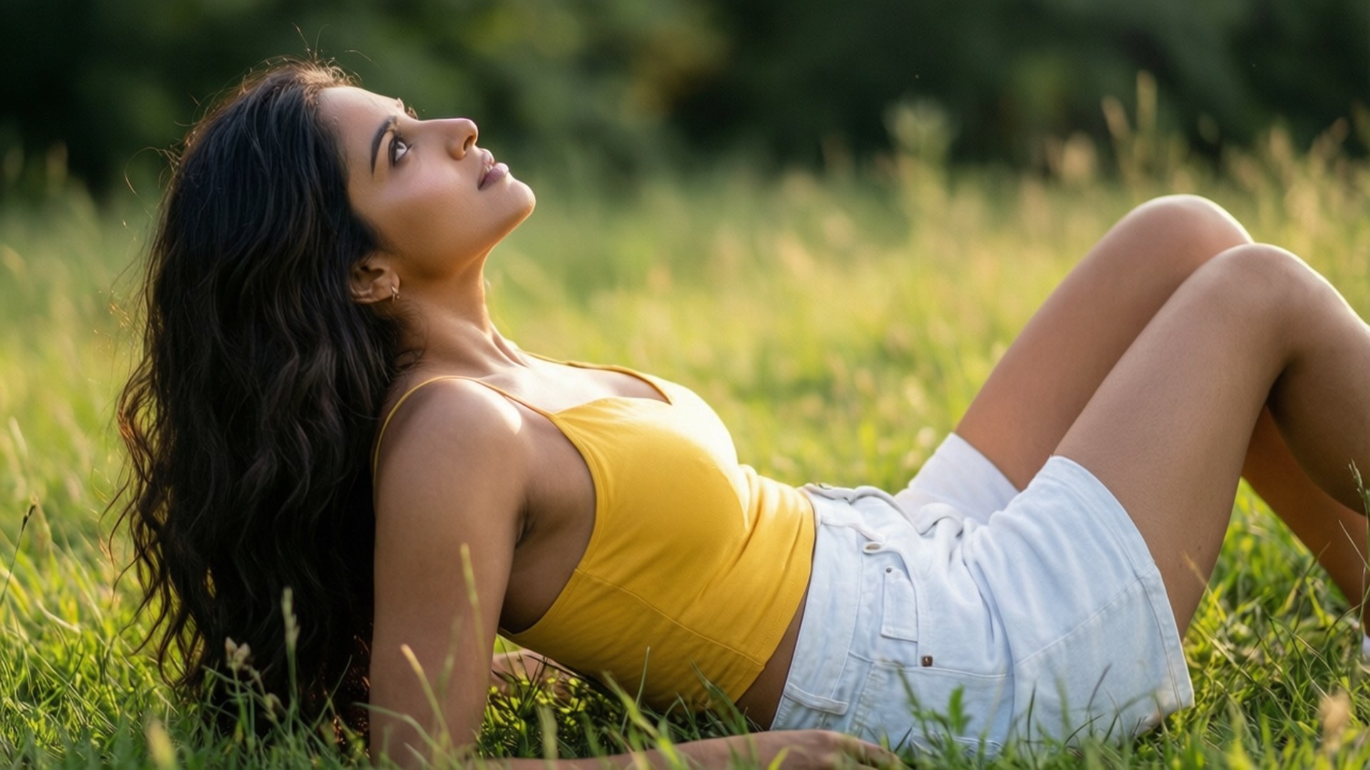 Summer Daydream 壁紙 — 一位黑髮年輕女性躺在草地上，身穿黃色上衣和白色短褲，在陽光明媚的田野中向上凝視。