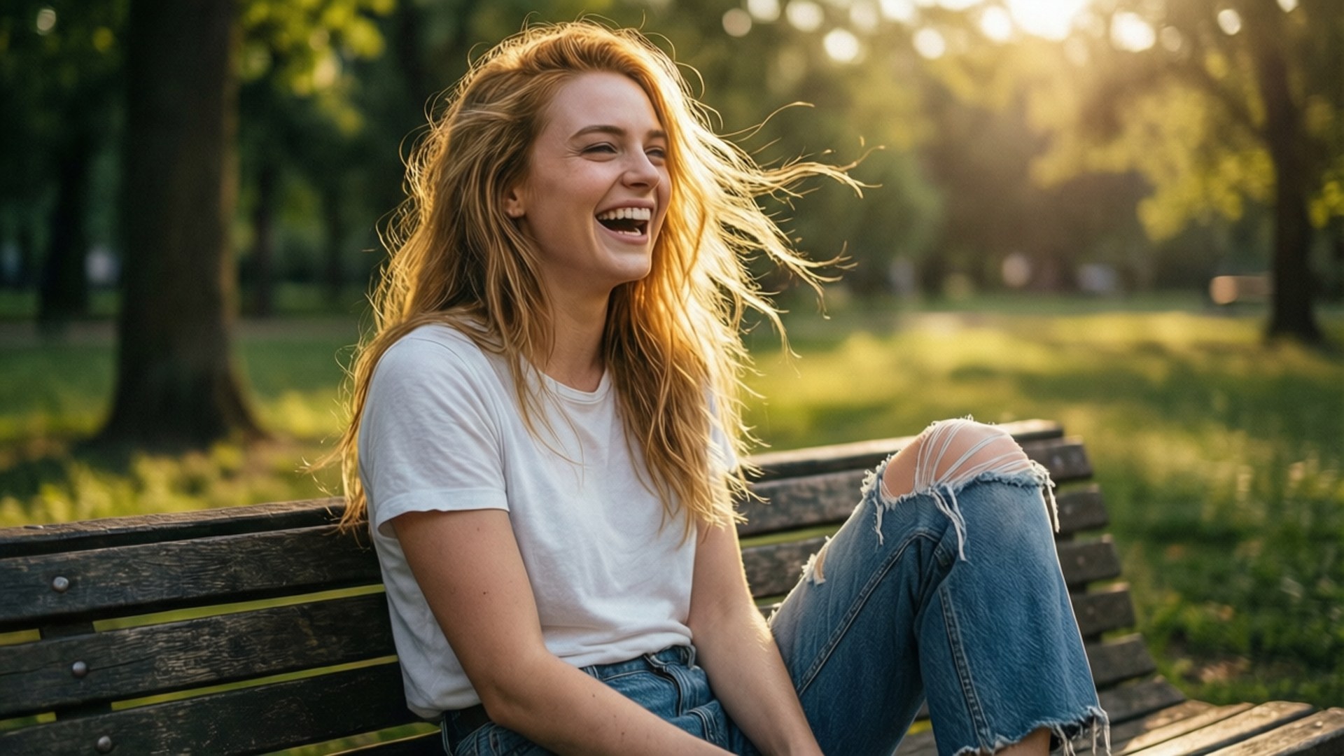 Sophie Turner Casual Park 壁紙 — 一位年輕女子，飄逸的紅髮，在公園的木長椅上開懷大笑，金色的陽光透過她身後的樹木灑落。