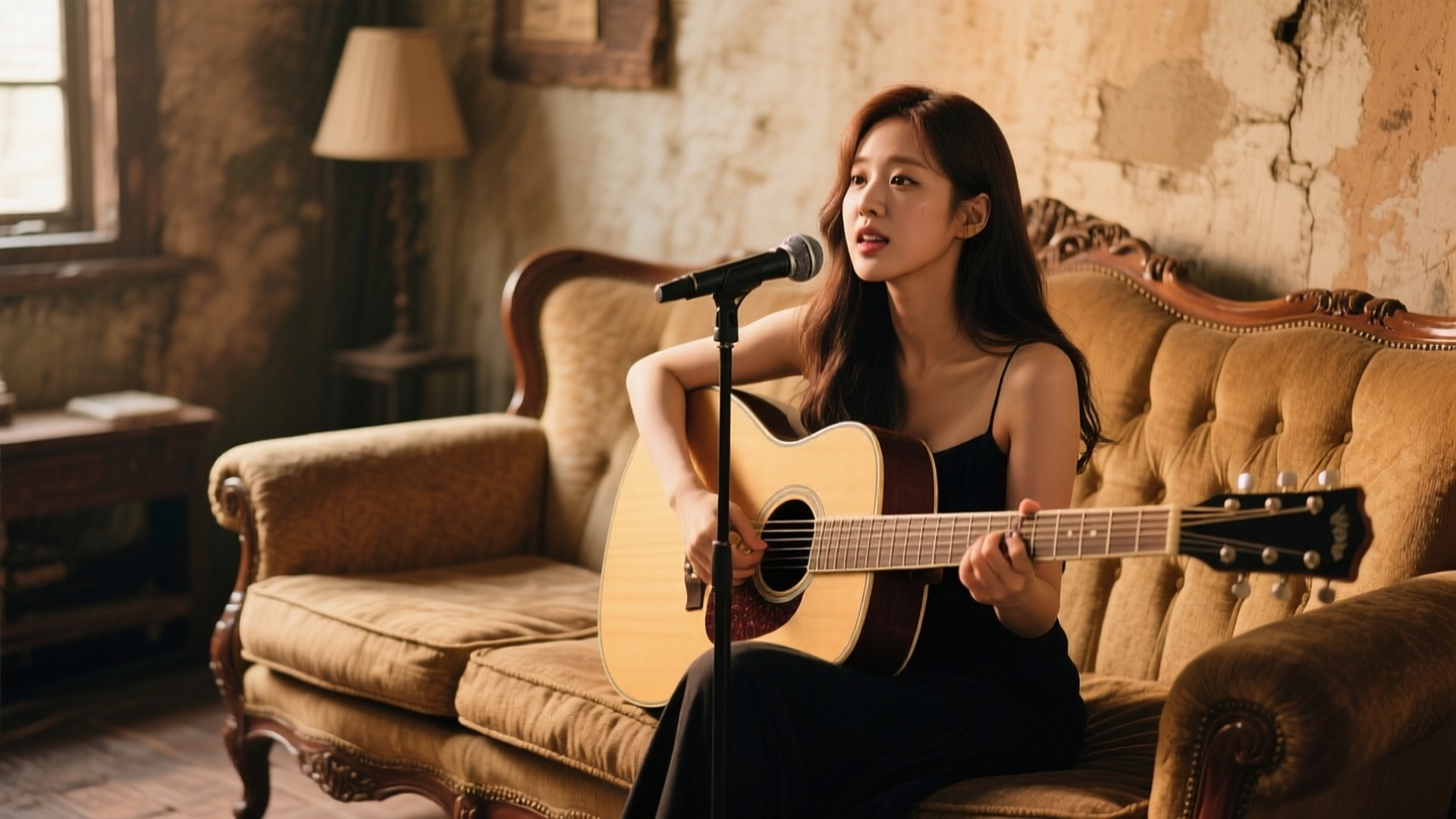 Acoustic Taeyeon 壁紙 — 一位長黑髮的年輕女性坐在復古簇絨沙發上，彈奏原聲吉他，同時對著麥克風唱歌，身處一個溫暖照明的鄉村風格房間。