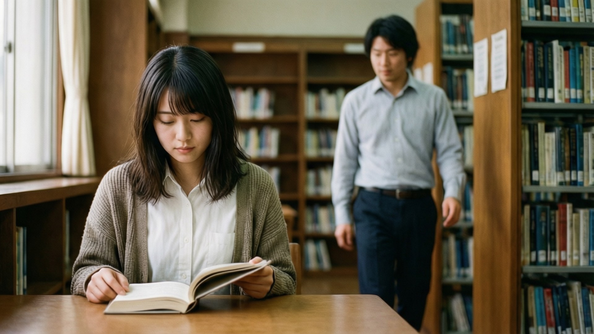Library Encounter 壁紙 — 一位年輕女子在陽光充足的圖書館裡，在木桌上專心閱讀一本書，背景中一名男子走過。