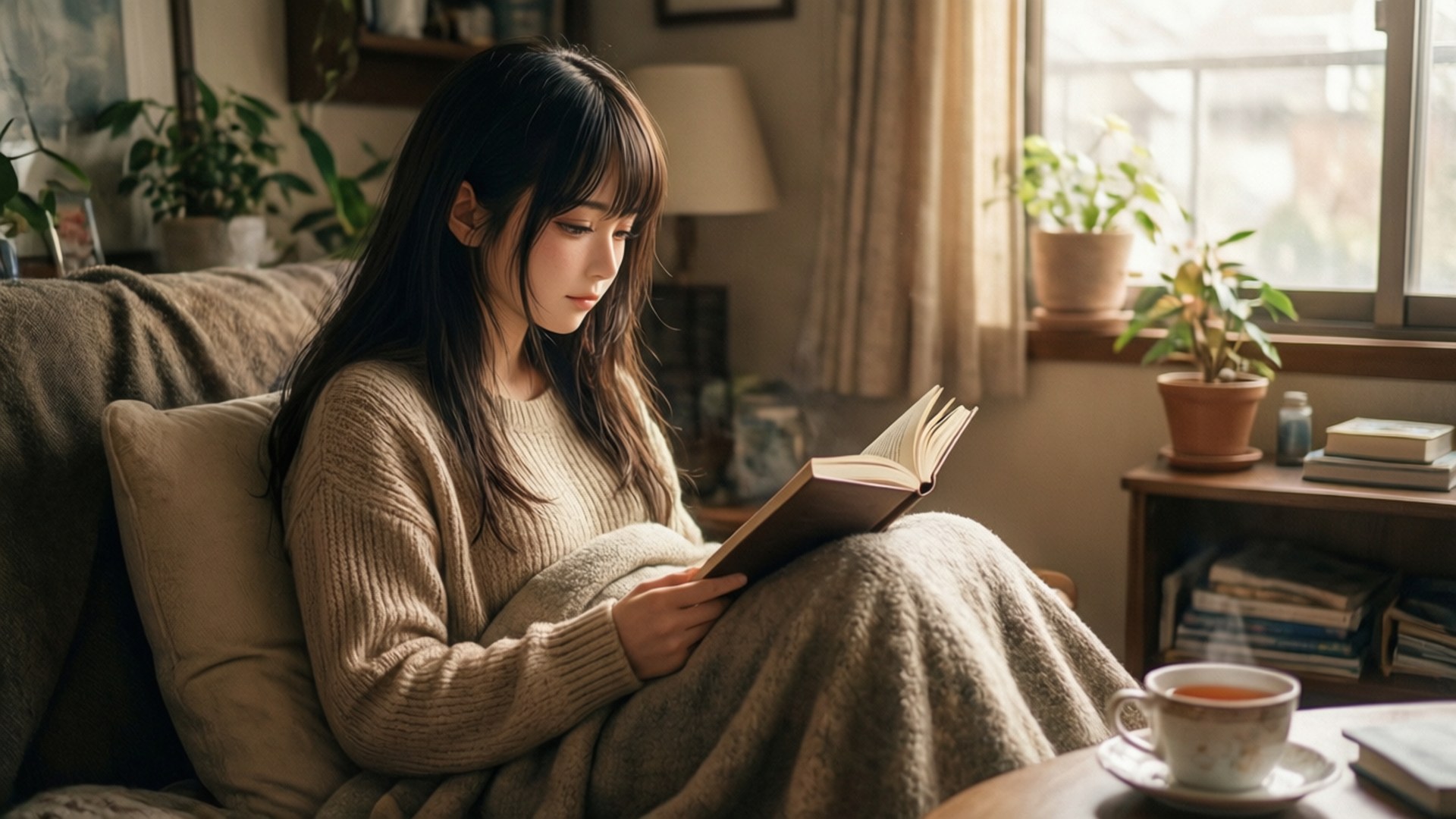 Nagisa Furukawa 桌布 壁紙 — 一位年輕女子穿著舒適的針織毛衣，在陽光充足的客廳沙發上，旁邊放著一杯冒熱氣的茶，正在看書。