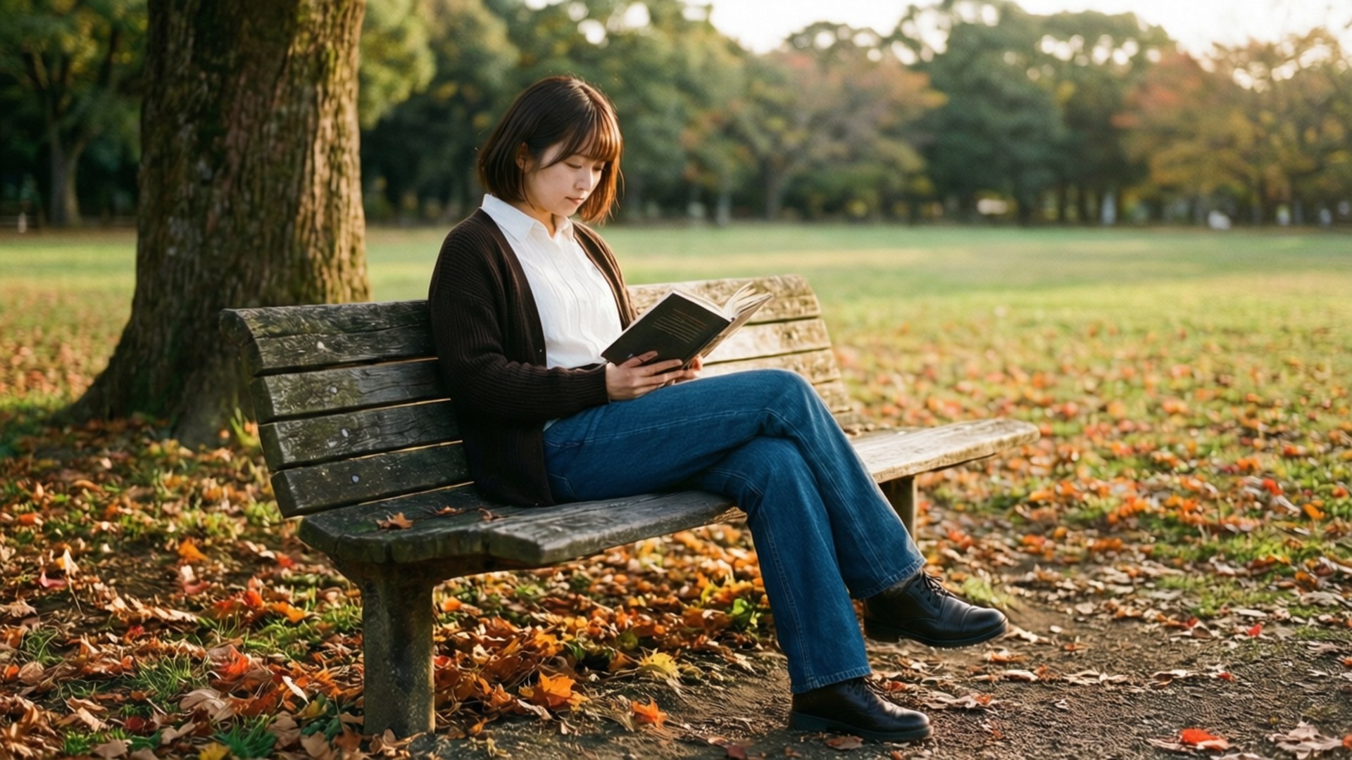 Miku Reading in Park 壁紙 — 一位年輕女性坐在秋日公園的木長椅上，被落葉環繞，閱讀一本書。