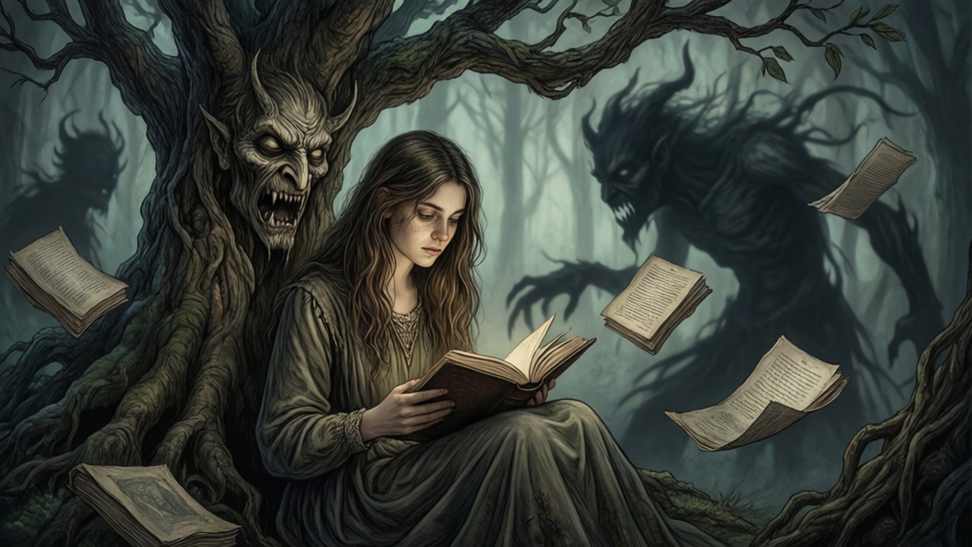 V's Literary Sanctum 壁紙 — 一位年輕女子在霧氣瀰漫的森林中，在一棵多節的樹下讀書，陰影般的惡魔形象和漂浮的書頁環繞著她。