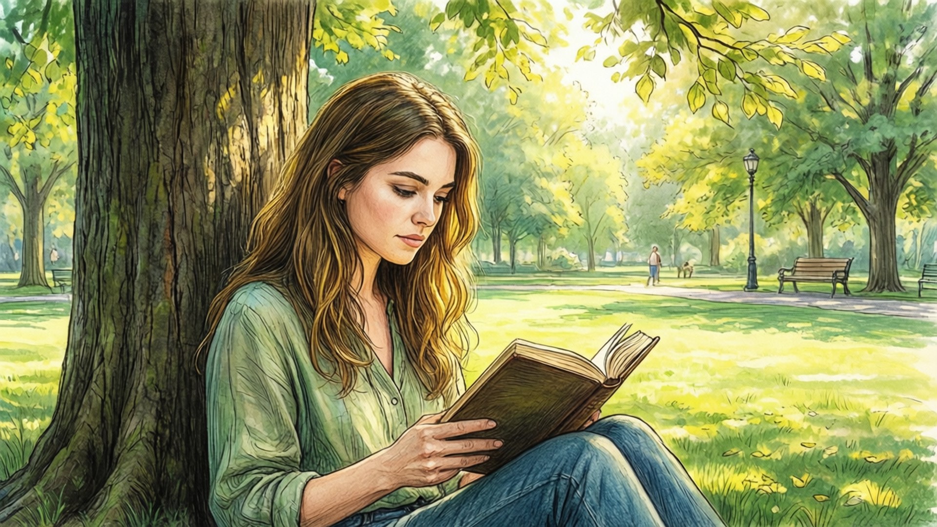 Reading Under a Tree 壁紙 — 一位長長棕色頭髮的年輕女性坐在陽光明媚的公園裡一棵大樹下閱讀書籍，周圍有綠草和遠處的長椅。