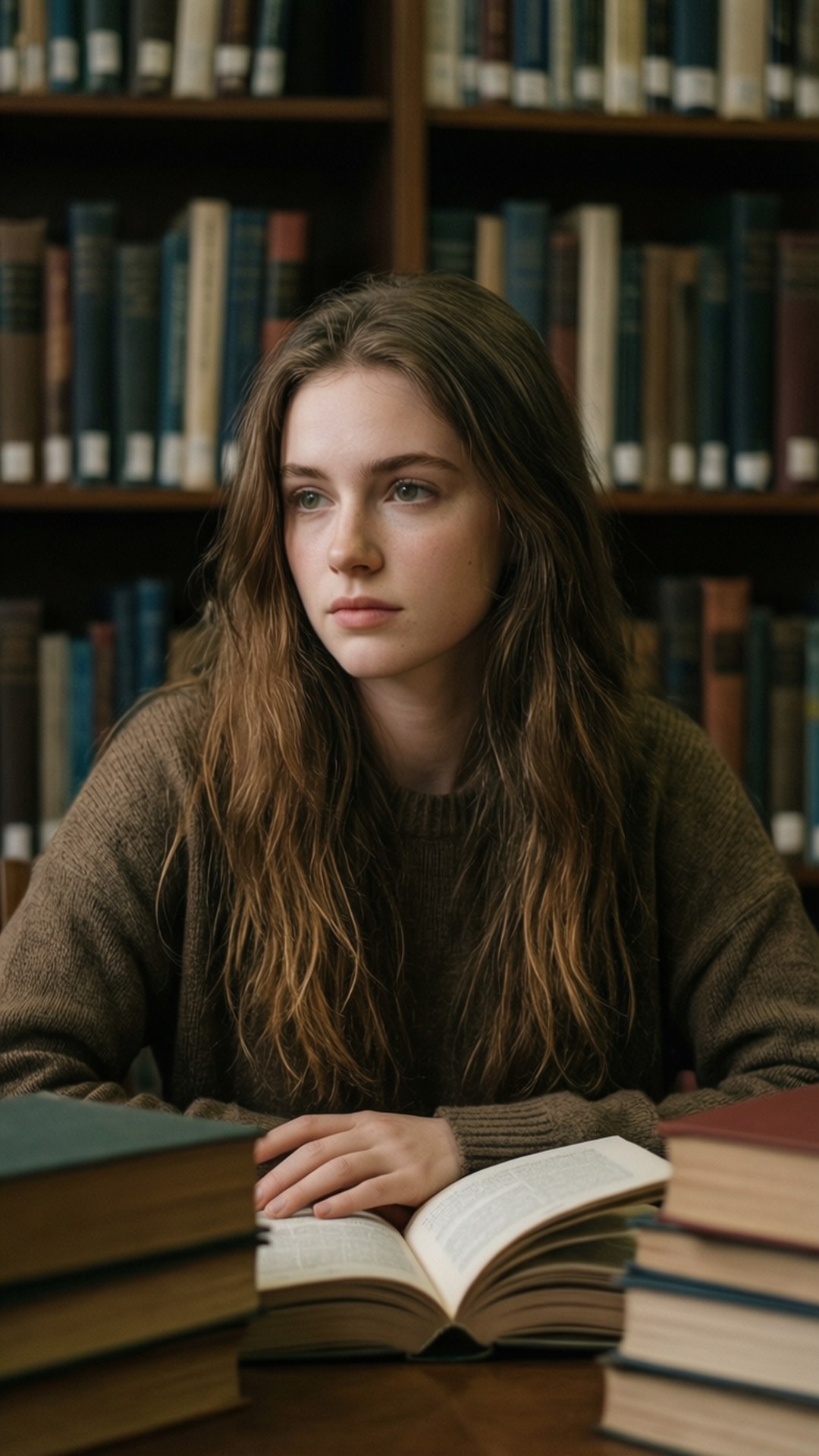 Library Scholar Hunter 壁紙 — 一位長髮棕色的年輕女性坐在木桌旁，周圍環繞著書籍，身後是高大的書架。