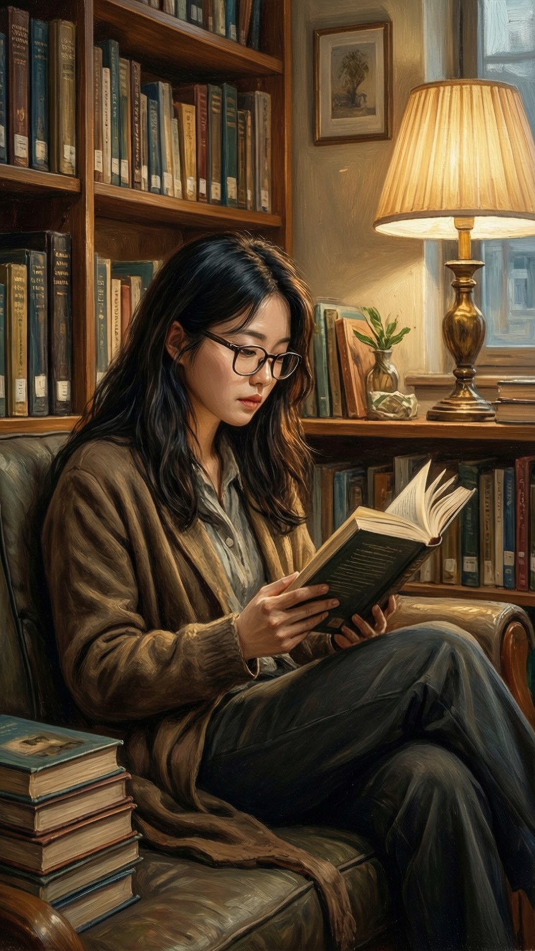 Library Quiet Moment 壁紙 — 一位戴眼鏡的年輕女士坐在被書架包圍的皮革扶手椅上，在桌燈的溫暖光芒下閱讀一本書。