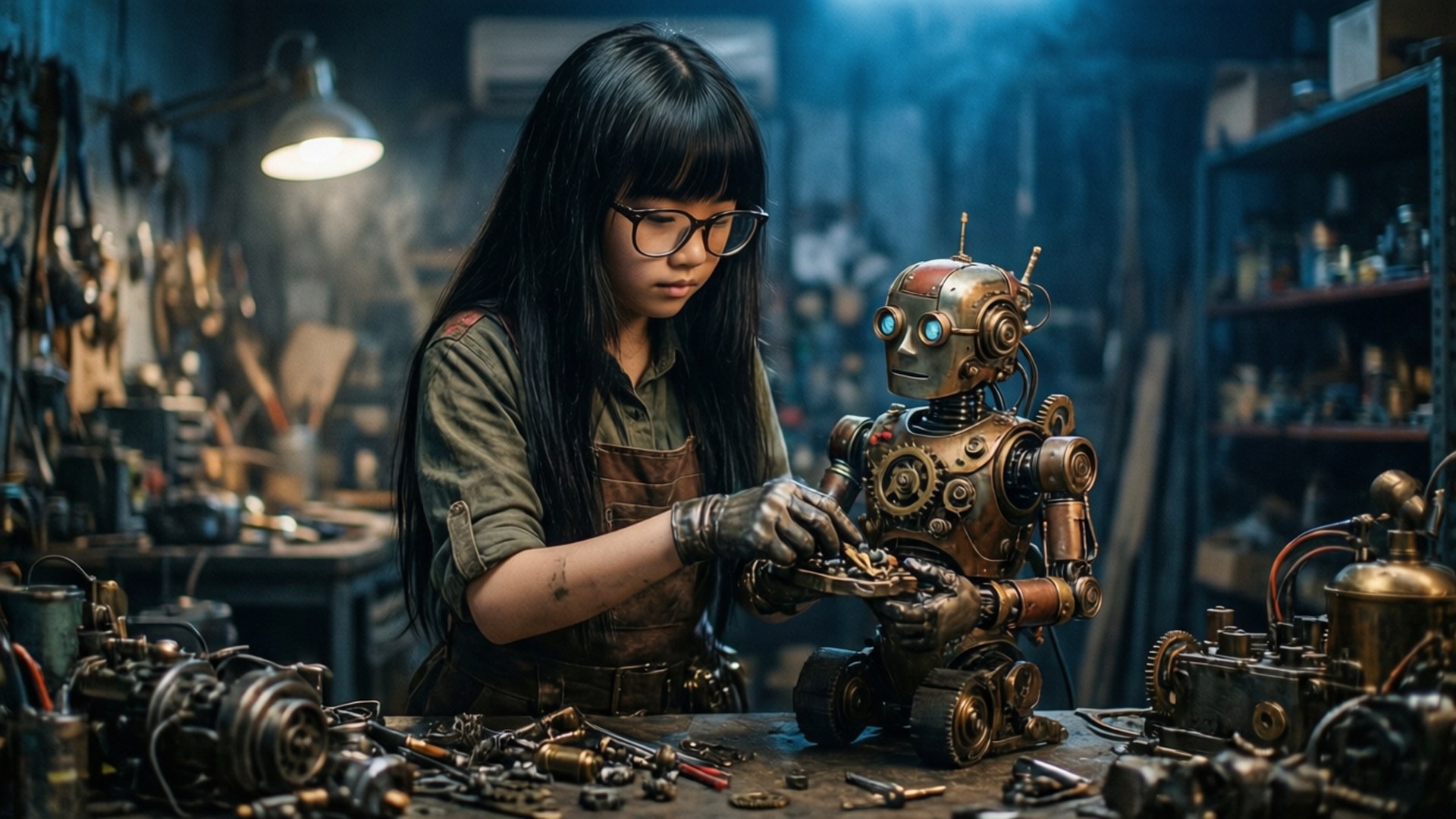 Fabiola's Robotics 壁紙 — 一位年輕女性在昏暗的工作室中，在一盞吊燈下仔細修理一個蒸氣龐克機器人。