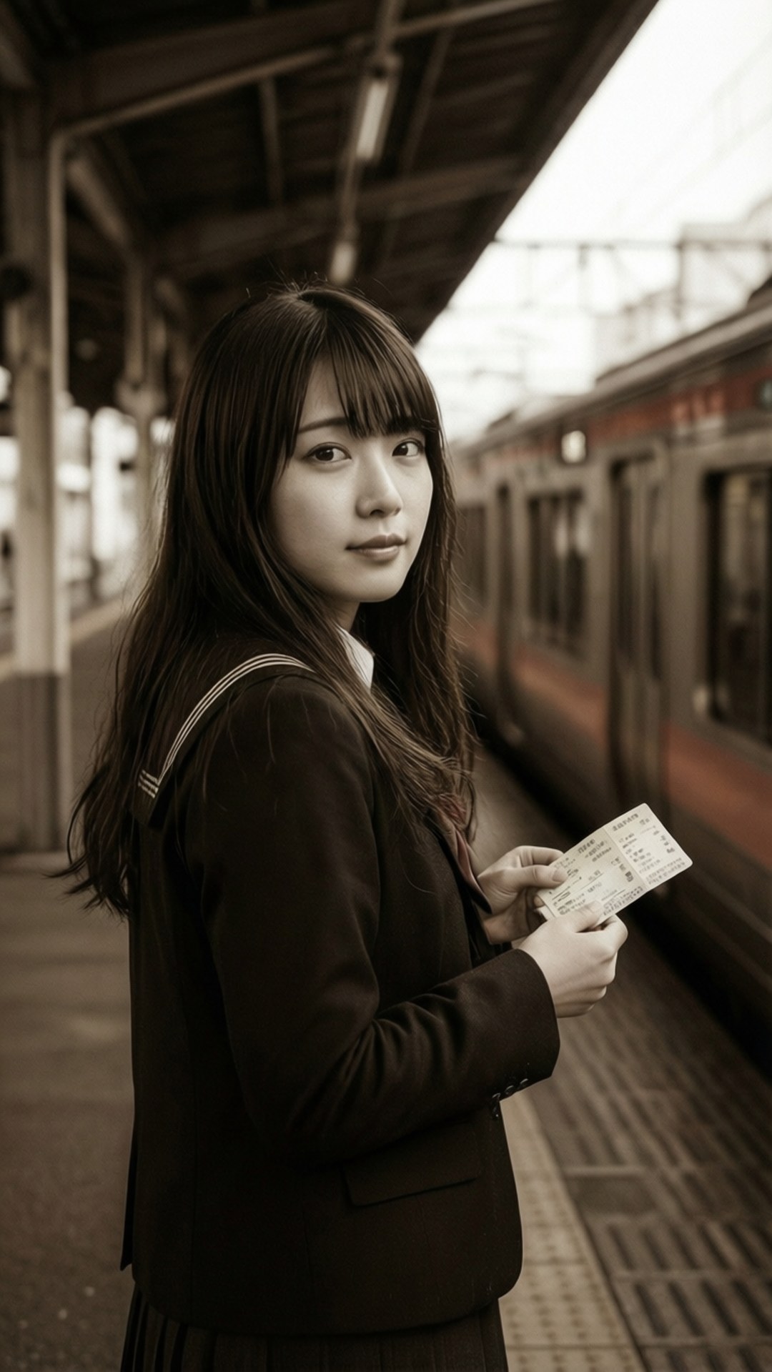 Station Farewell 壁紙 — 一位身穿校服的年輕女子在火車站月台上拿著車票，火車以懷舊色調駛過。