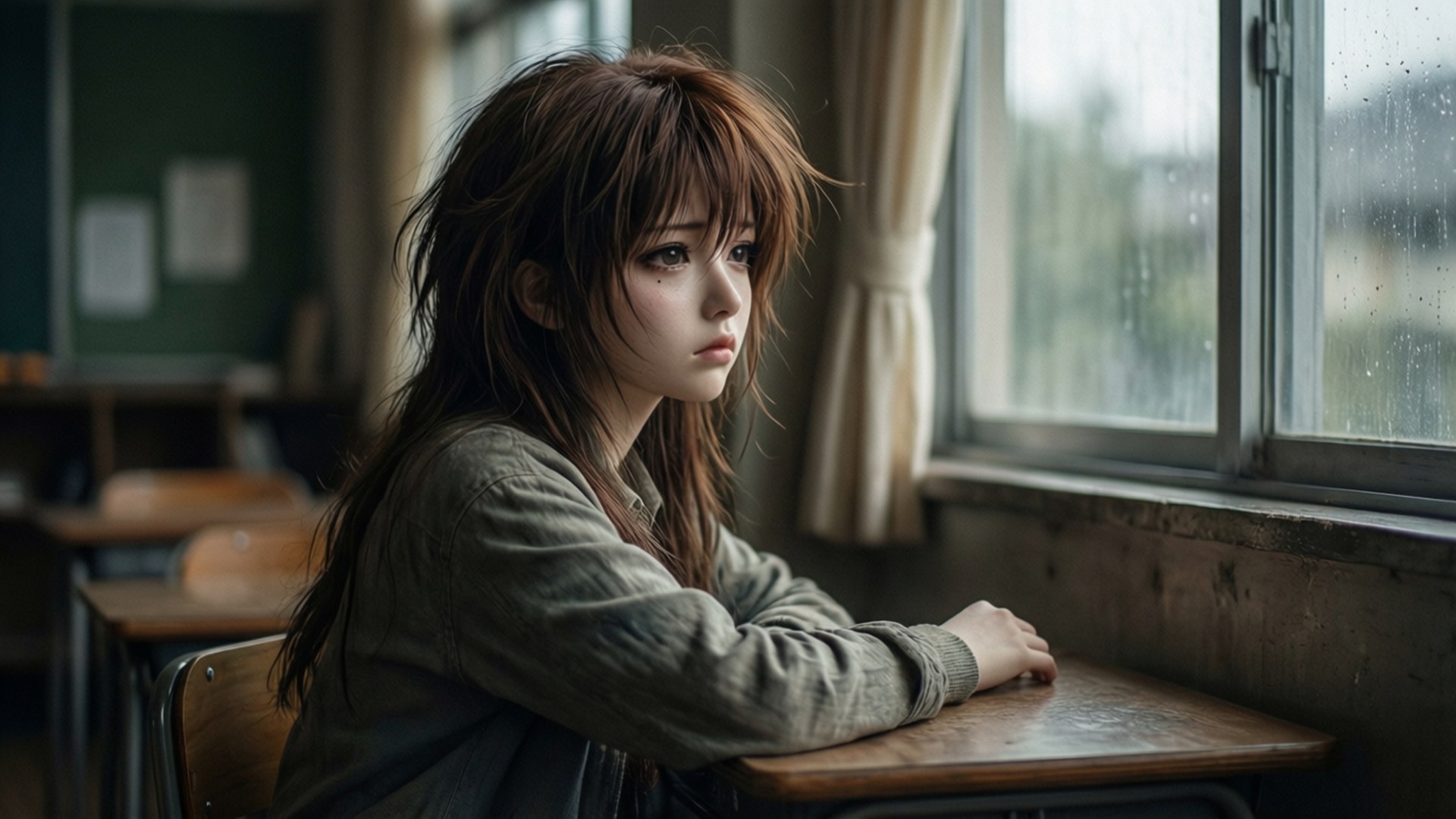 Melancholy Yuzuki Classroom 壁紙 — 一個年輕女子，棕色頭髮凌亂，獨自坐在昏暗教室的木桌旁，凝視著雨痕斑斑的窗戶。