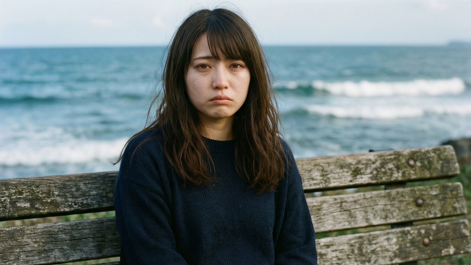 Seaside Melancholy 壁紙 — 一位棕色頭髮的年輕女子莊嚴地坐在一張風化的木長椅上，俯瞰著陰天下一片波濤洶湧的海洋。