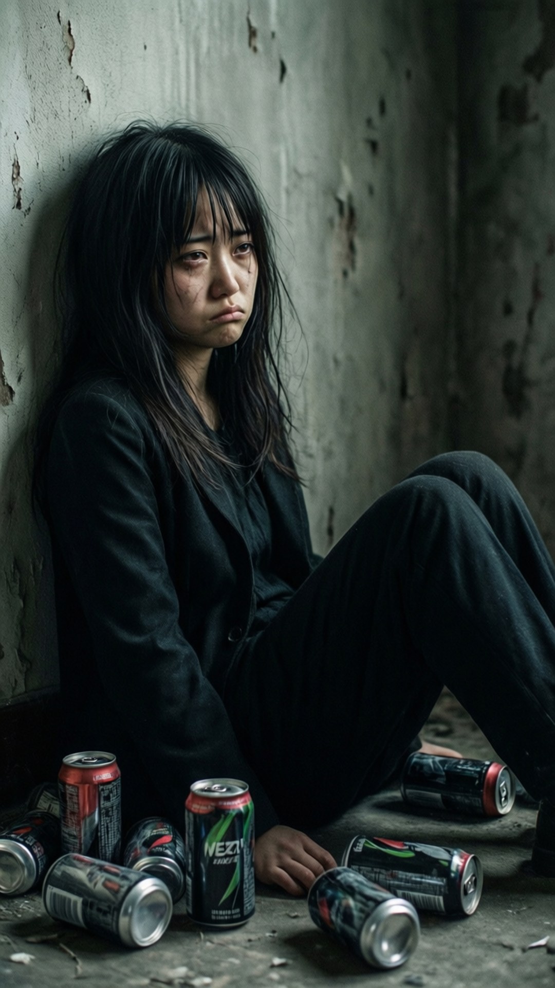 Needy Streamer Overload 桌布 壁紙 — 一位年輕女子頭髮凌亂，靠著骯髒的牆壁，周圍散落著空汽水罐，身處昏暗廢棄的空間。