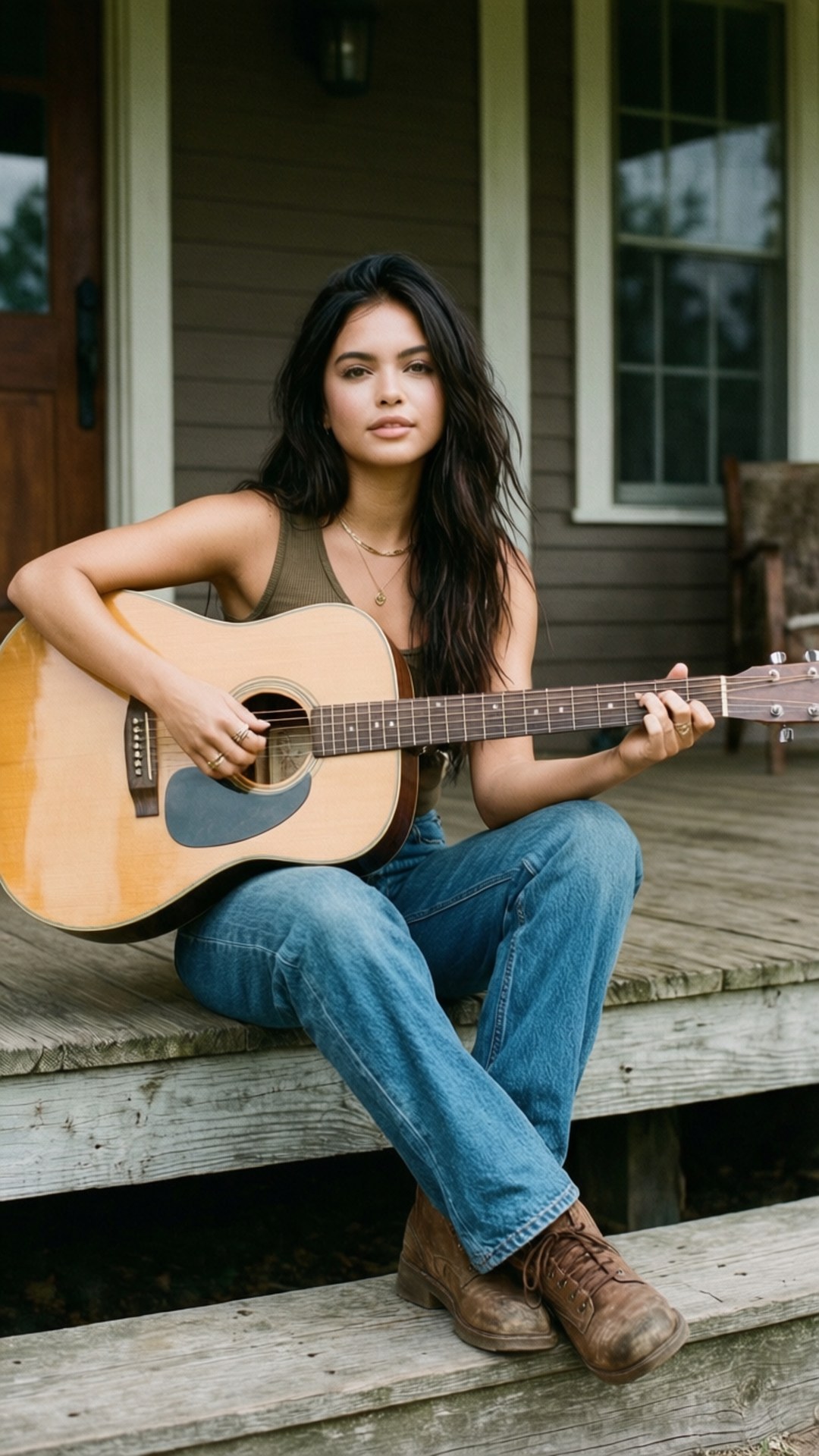 Acoustic Vibes 壁紙 — 一位黑髮年輕女性坐在風化的木樓梯上，抱著木吉他，看著鏡頭。