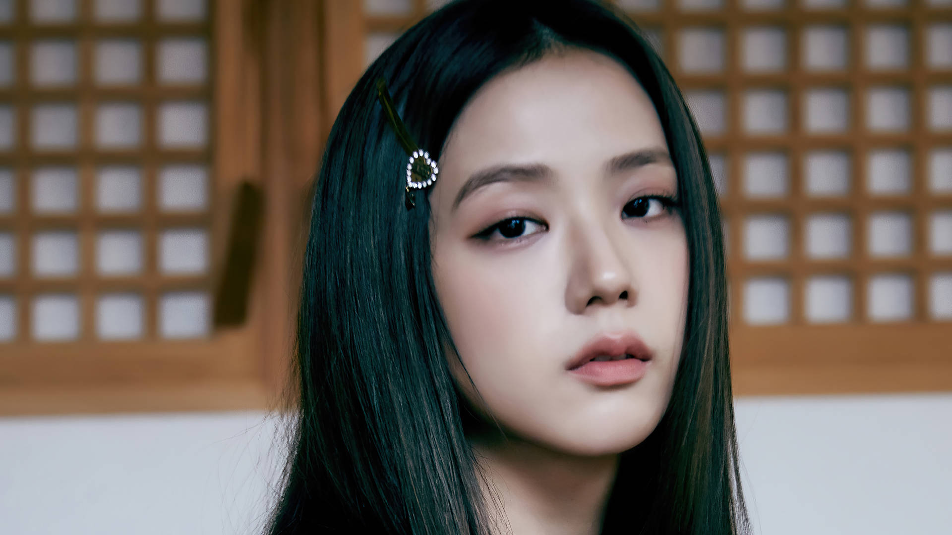 年輕女子，黑髮，珍珠髮夾，在木格柵前。 — Jungkook 壁紙