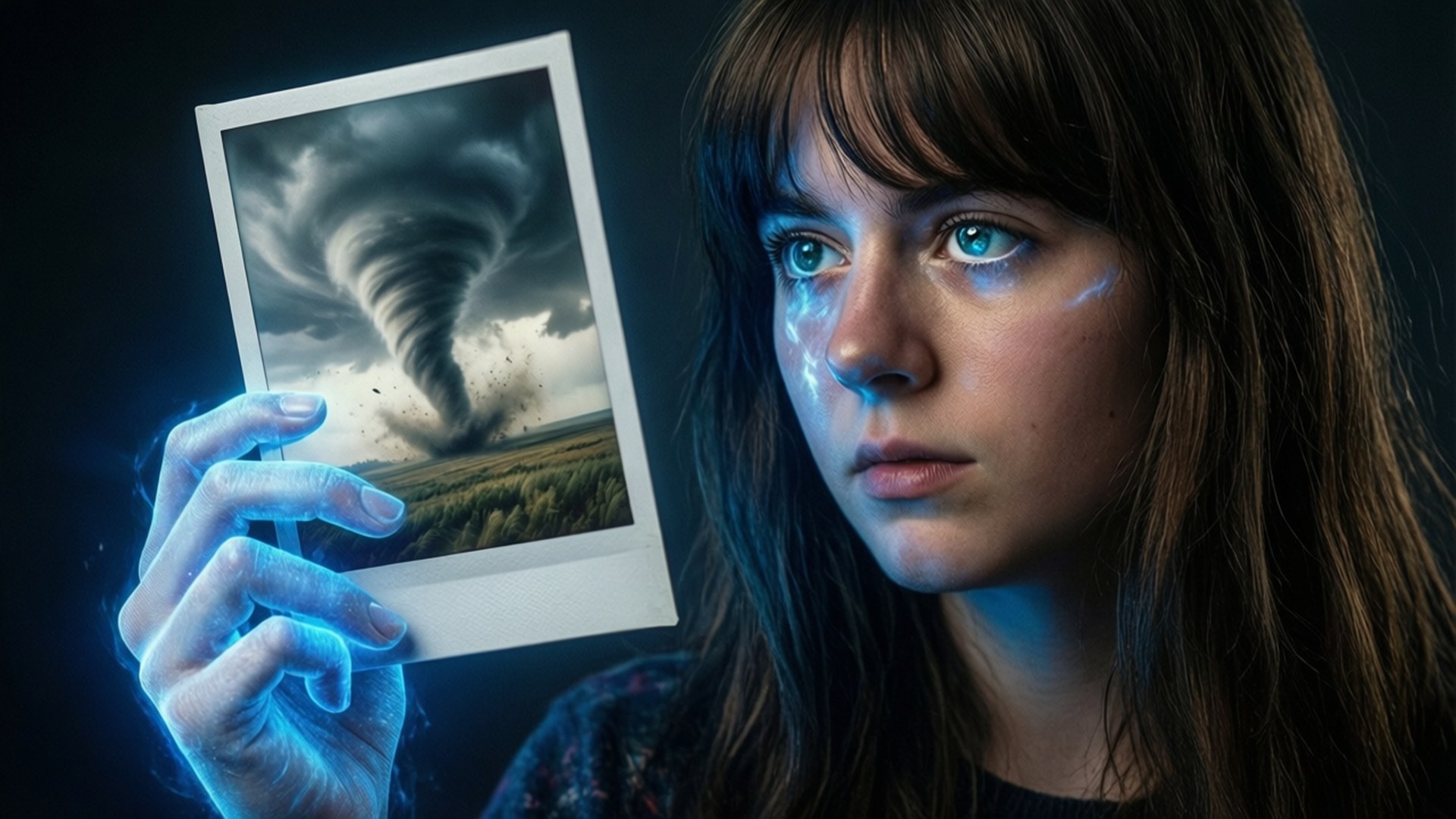 Tornado Premonition 壁紙 — 一位擁有發光藍眼睛的年輕女子拿著一張拍立得照片，照片中巨大的龍捲風在黑暗的暴風雲下在田野上空旋轉。
