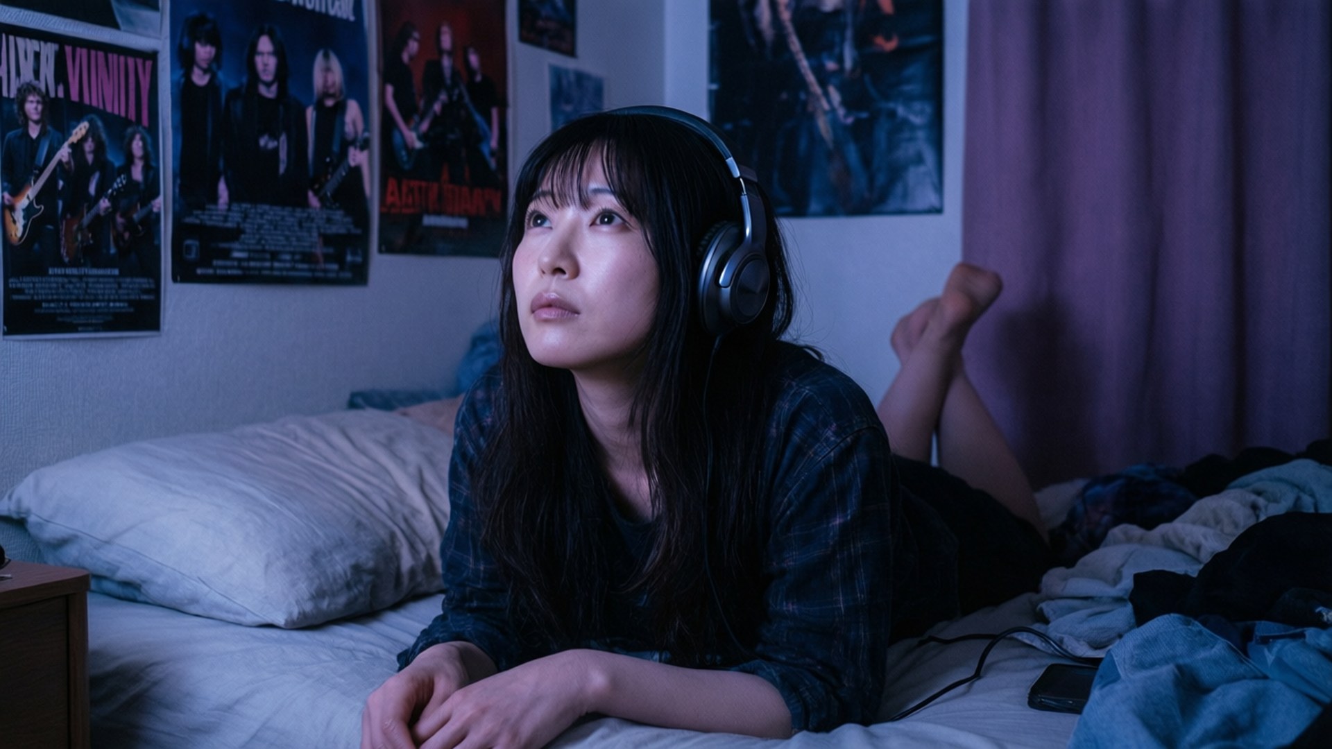 Mamimi Samejima 桌布 壁紙 — 一位戴著耳機的年輕女子躺在昏暗的房間床上，房間裝飾著樂團海報，她若有所思地向上凝視。
