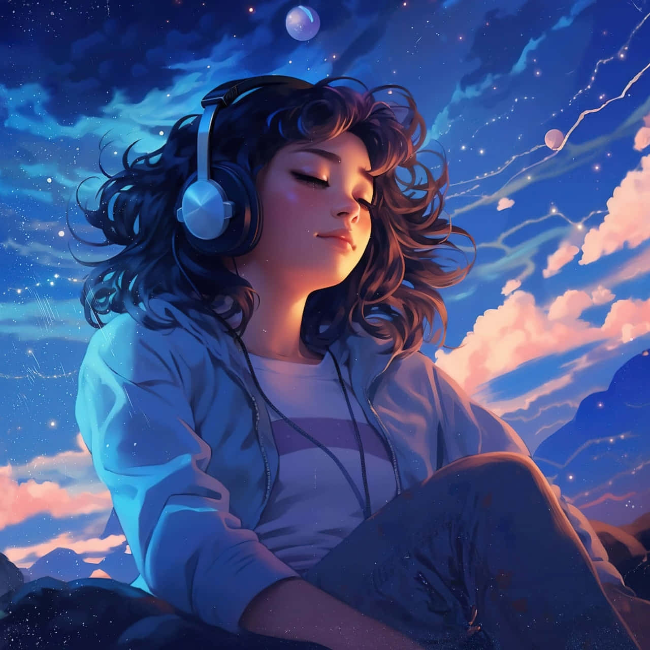  壁紙 — 一位戴著耳機的年輕女性靜靜地坐在星光燦爛的暮色天空下，周圍有發光的雲朵和漂浮的球體。