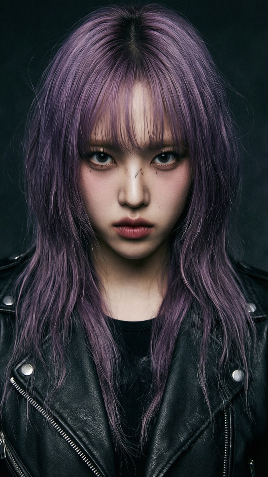 Mimi Punk Rock 壁紙 — 一位年輕女性，擁有鮮豔的紫色頭髮和強烈的眼神，穿著黑色皮夾克，背景為深色。