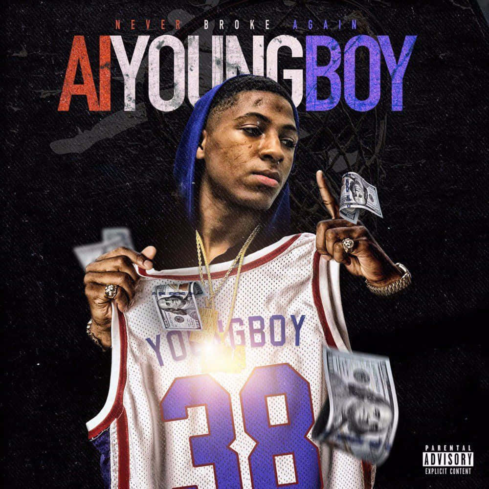 Celebrity 桌布 壁紙 — YoungBoy Never Broke Again 在黑暗粗糙的背景下，拿著一件籃球球衣，口袋裡塞著錢，周圍有鈔票漂浮。