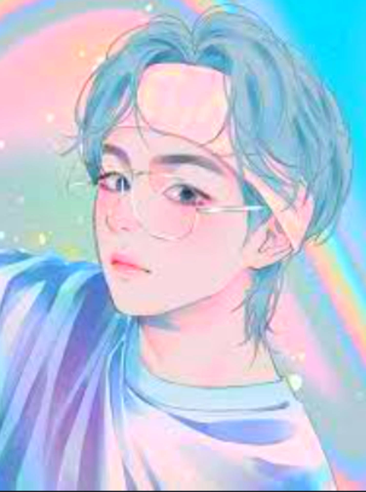藍色頭髮戴著眼鏡的動漫角色，對著發光的彩虹背景。 — Bts 壁紙