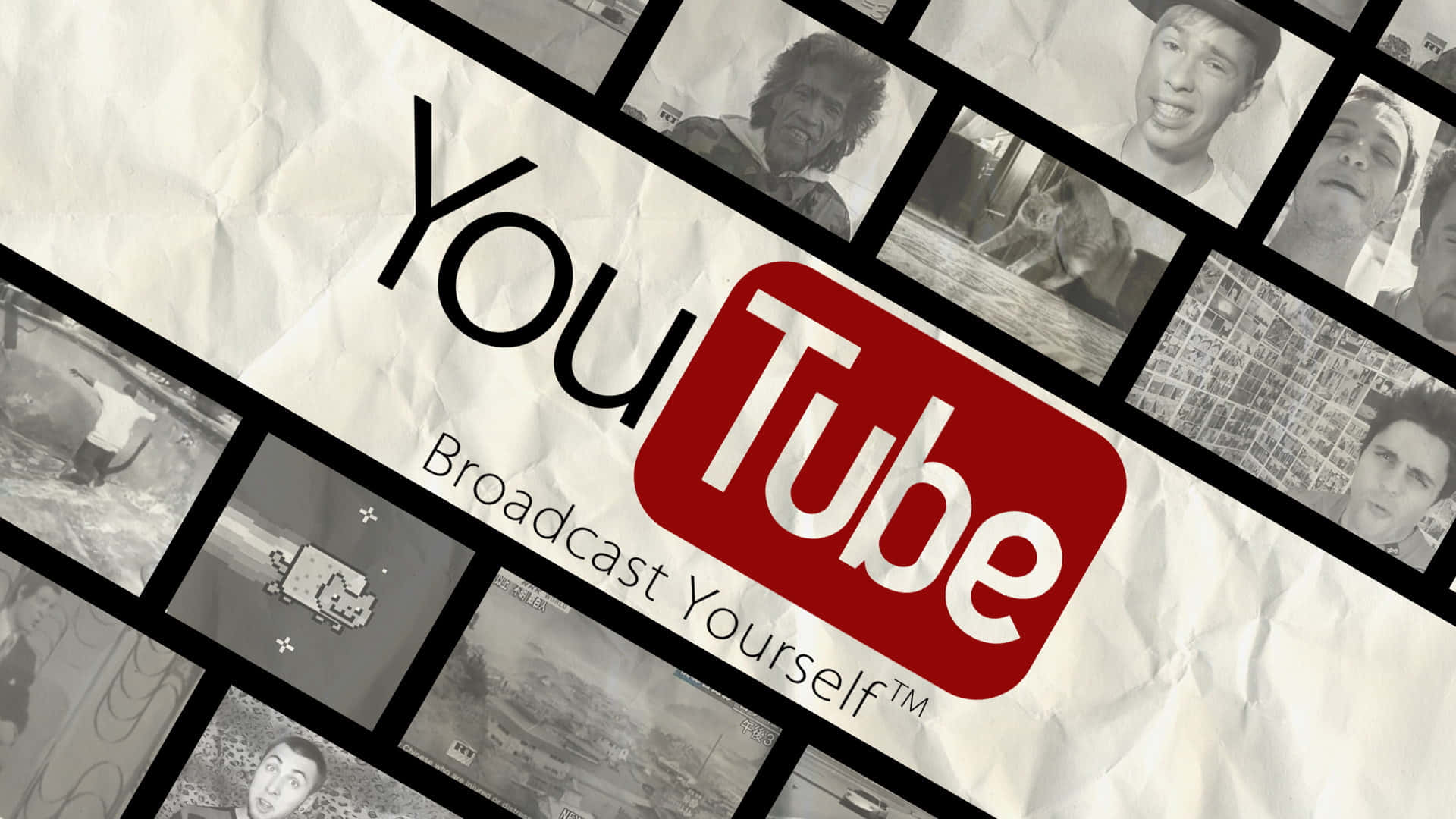 YouTube 標誌及其周圍的影片縮圖在皺巴巴的紙張上。 — 1080P 壁紙