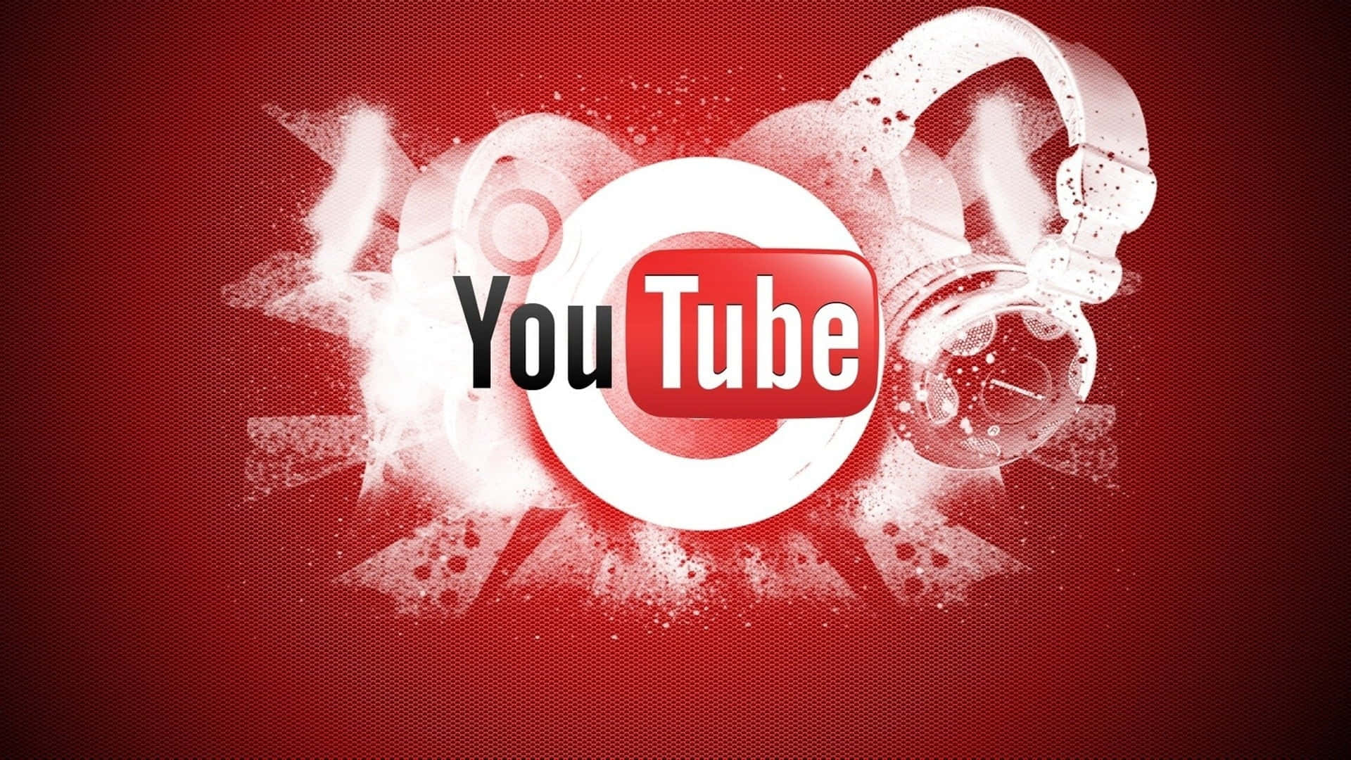 YouTube 標誌帶有耳機和白色飛濺在紅色背景上。 — 1080P 壁紙