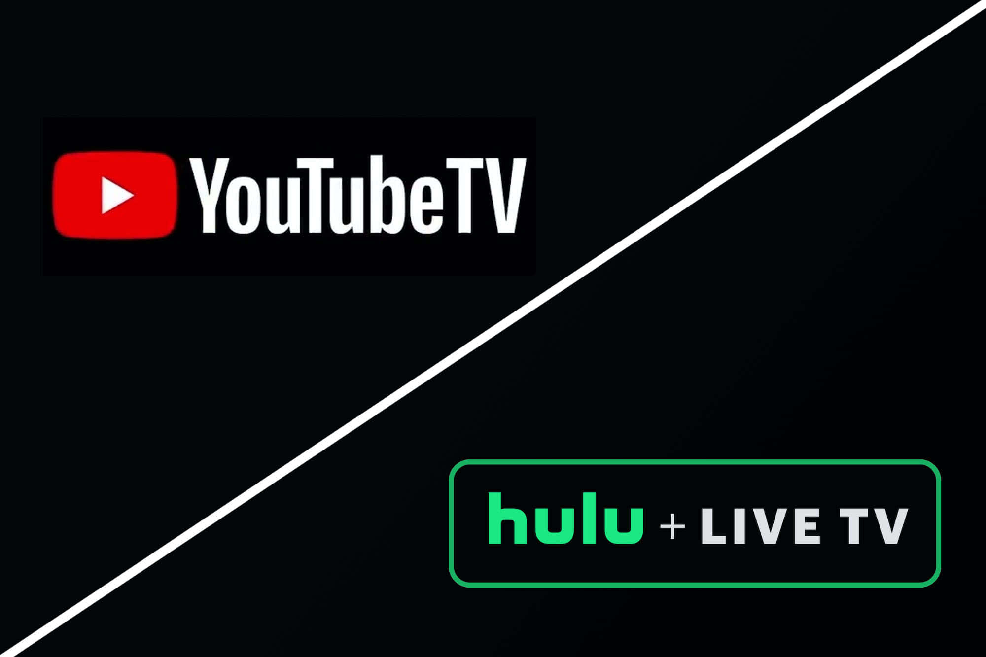 葫蘆 桌布 壁紙 — YouTube TV 和 Hulu Live TV 標誌被黑色背景上的白色對角線分割。