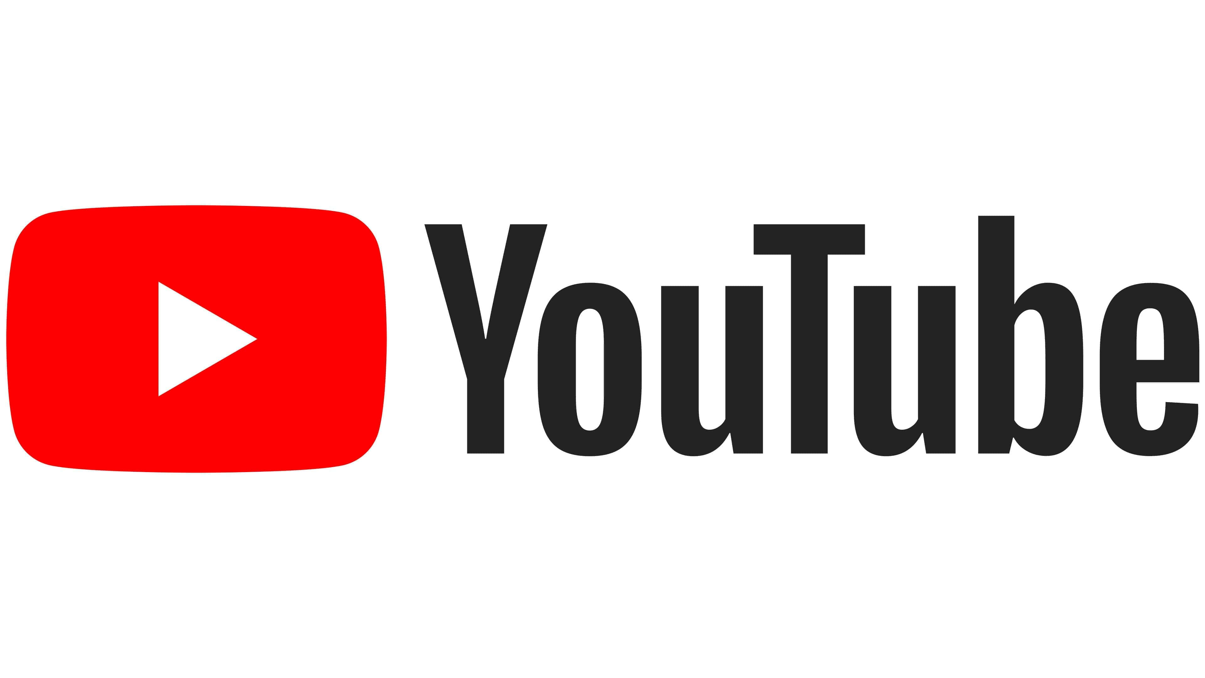YouTube Logo 桌布 壁紙 — YouTube 標誌，白色背景上有一個紅色播放按鈕圖示，旁邊是黑色無襯線字體的 YouTube 字樣。