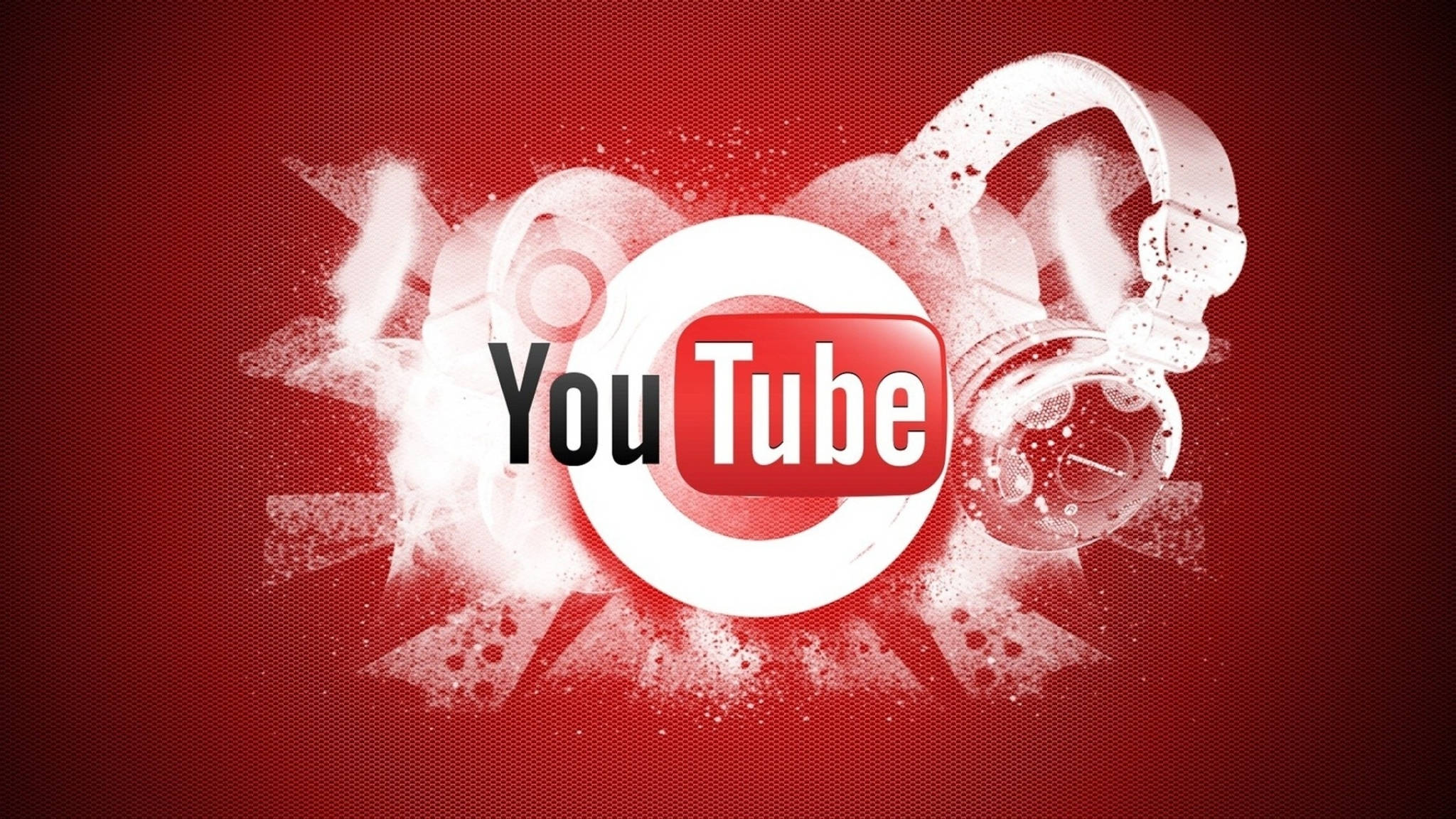 Internet 桌布 壁紙 — YouTube 標誌在紋理紅色背景上爆出白色飛濺和耳機。