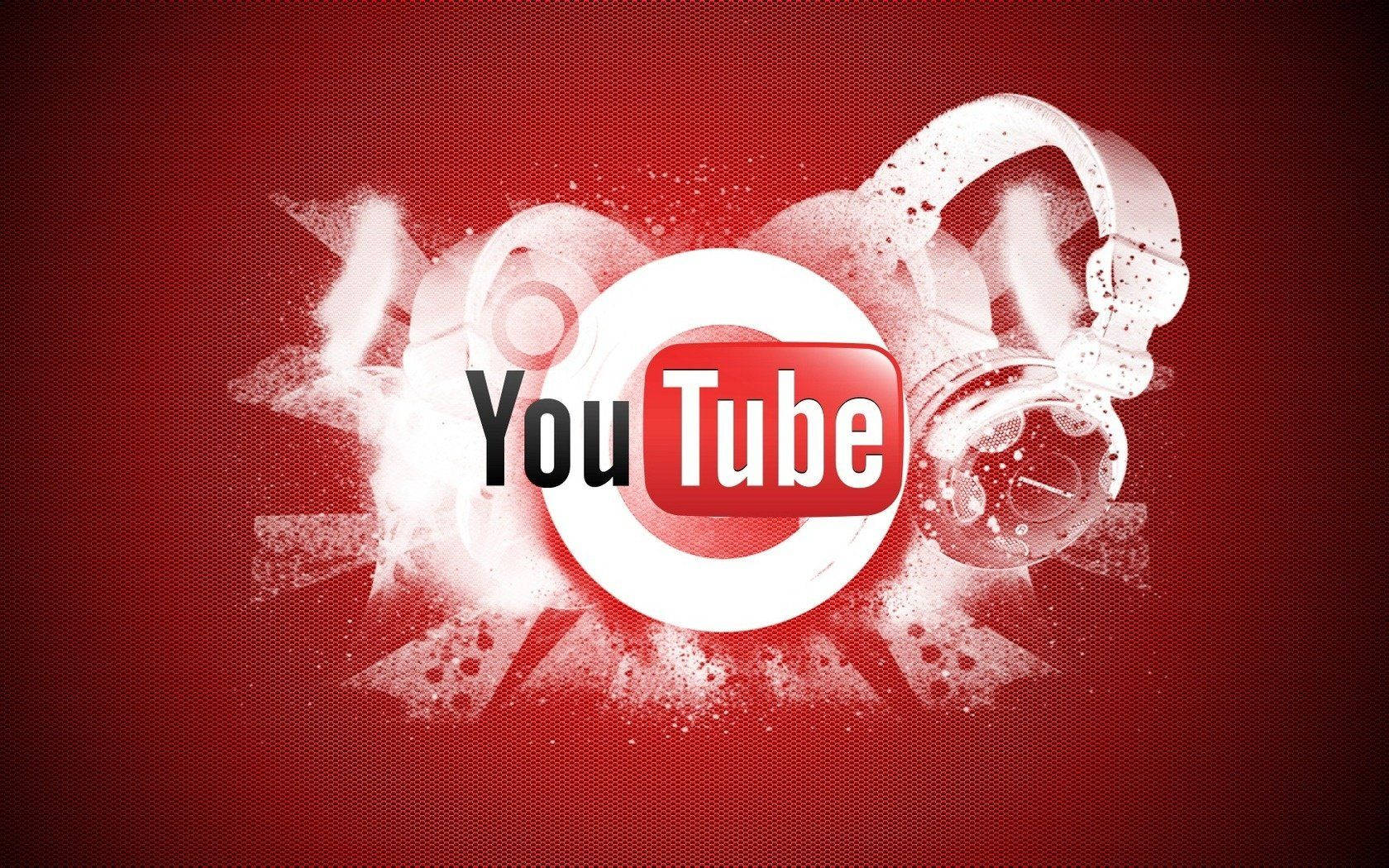 YouTube 桌布 壁紙 — YouTube 標誌在紋理紅色背景上爆出白色飛濺和耳機。