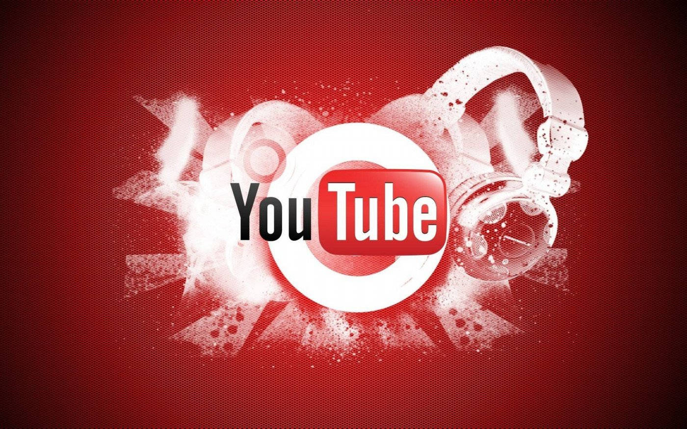 YouTube Logo 桌布 壁紙 — YouTube 標誌在紋理紅色背景上爆出白色噴濺和耳機。