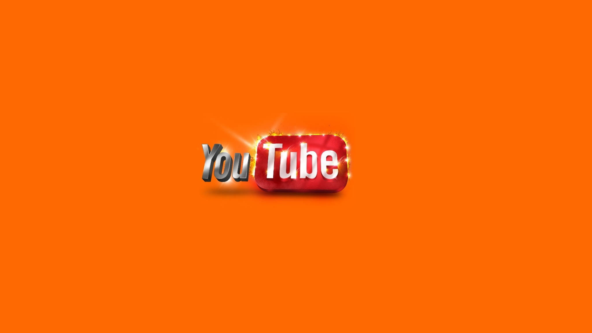 Social 桌布 壁紙 — YouTube 標誌在純橙色背景中央閃爍著熾熱的火花。