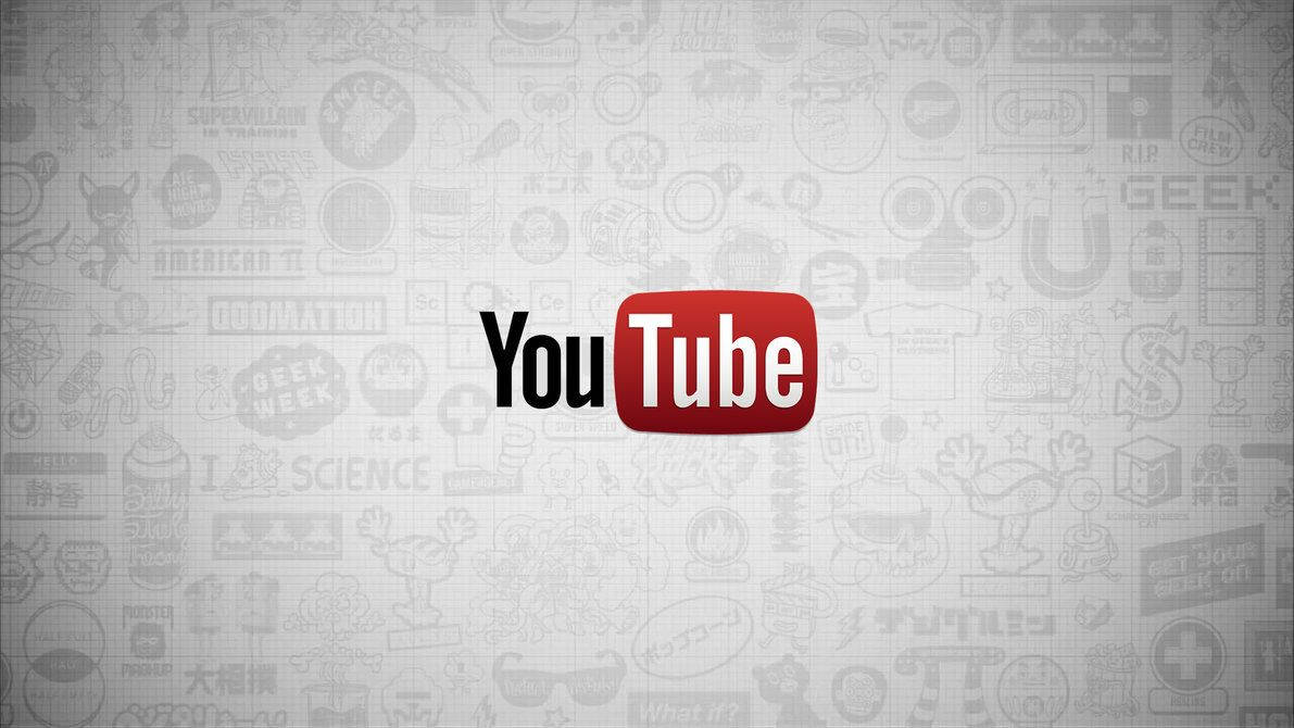 YouTube 桌布 壁紙 — YouTube 標誌居中在灰色背景上，背景充滿了微弱的極客文化圖標和文字。
