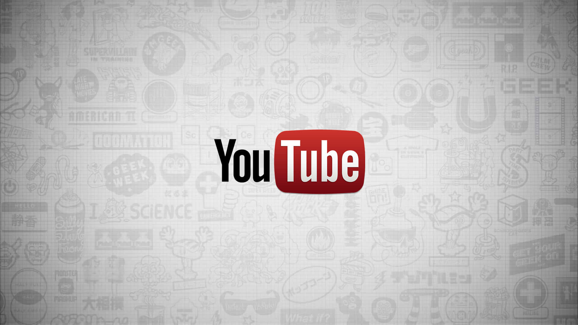 YouTube Logo 桌布 壁紙 — YouTube 標誌居中於一個充滿微弱極客文化圖標和文字的灰色背景上。