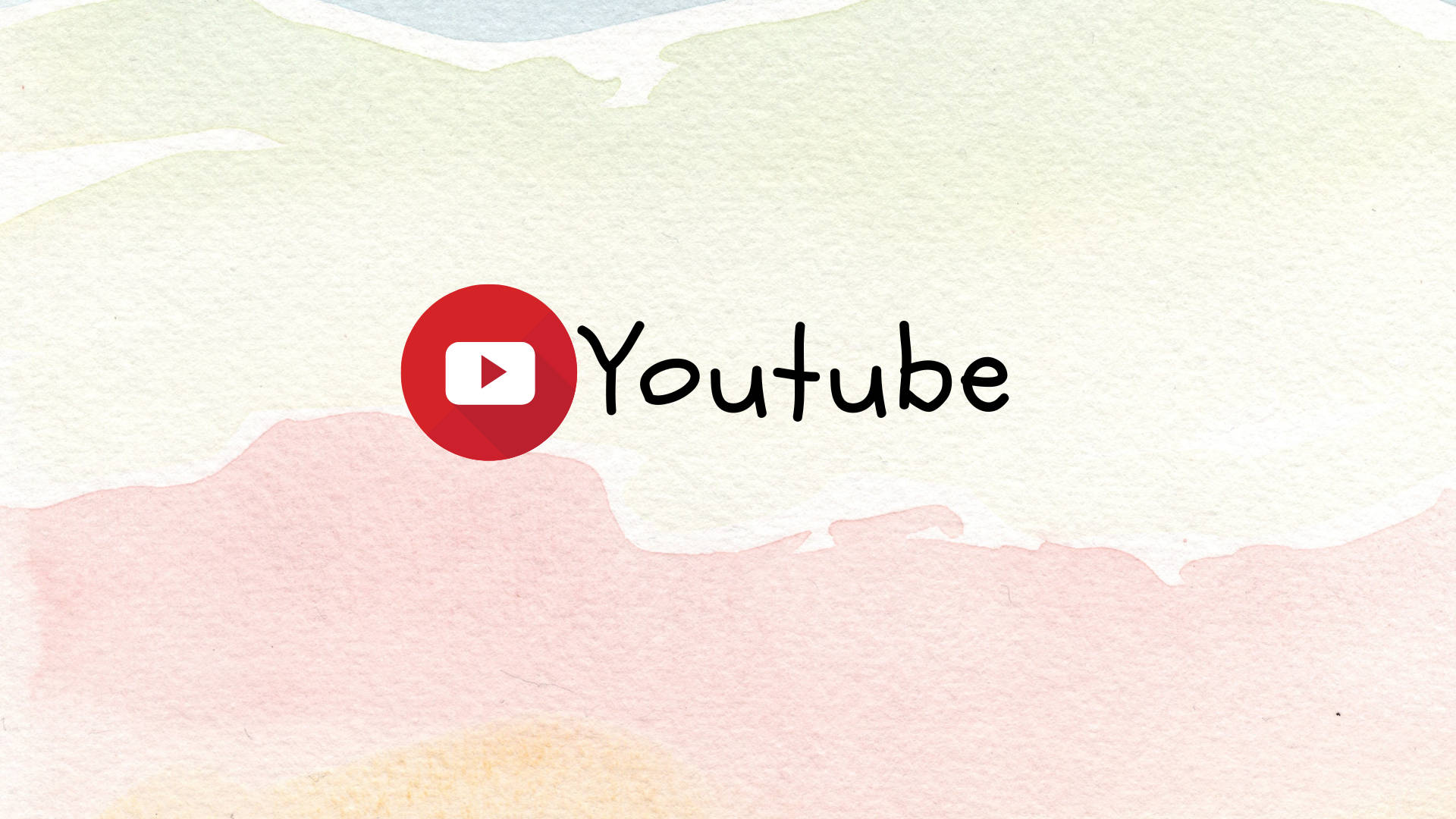 YouTube Logo 桌布 壁紙 — YouTube 標誌居中於柔和的水彩背景上，帶有粉彩粉紅、黃色和薄荷綠的洗滌效果。
