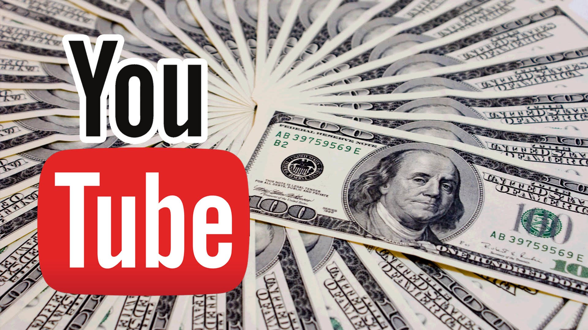 YouTube 桌布 壁紙 — YouTube 標誌置中於扇形展開的百元美鈔之上。