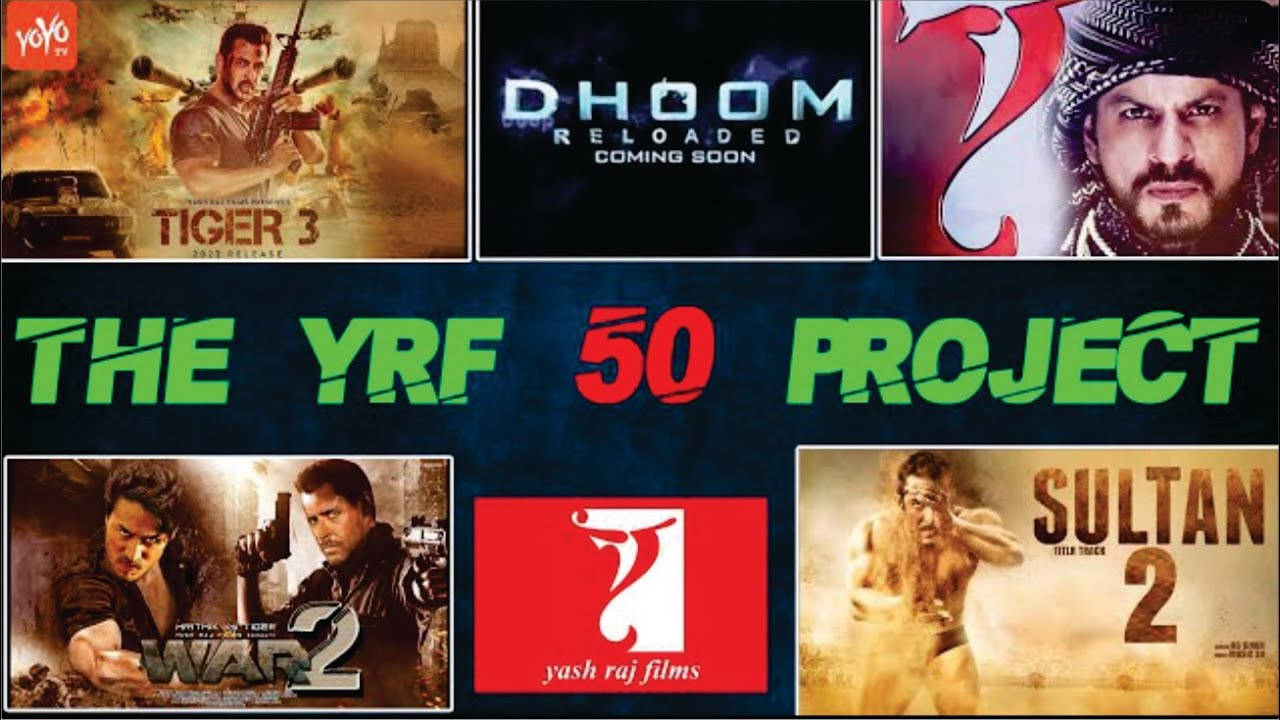 電影動圖 桌布 壁紙 — YRF電影海報拼貼， featuring 動作英雄如Tiger Shroff和Shah Rukh Khan，粗體文字和戲劇性燈光。
