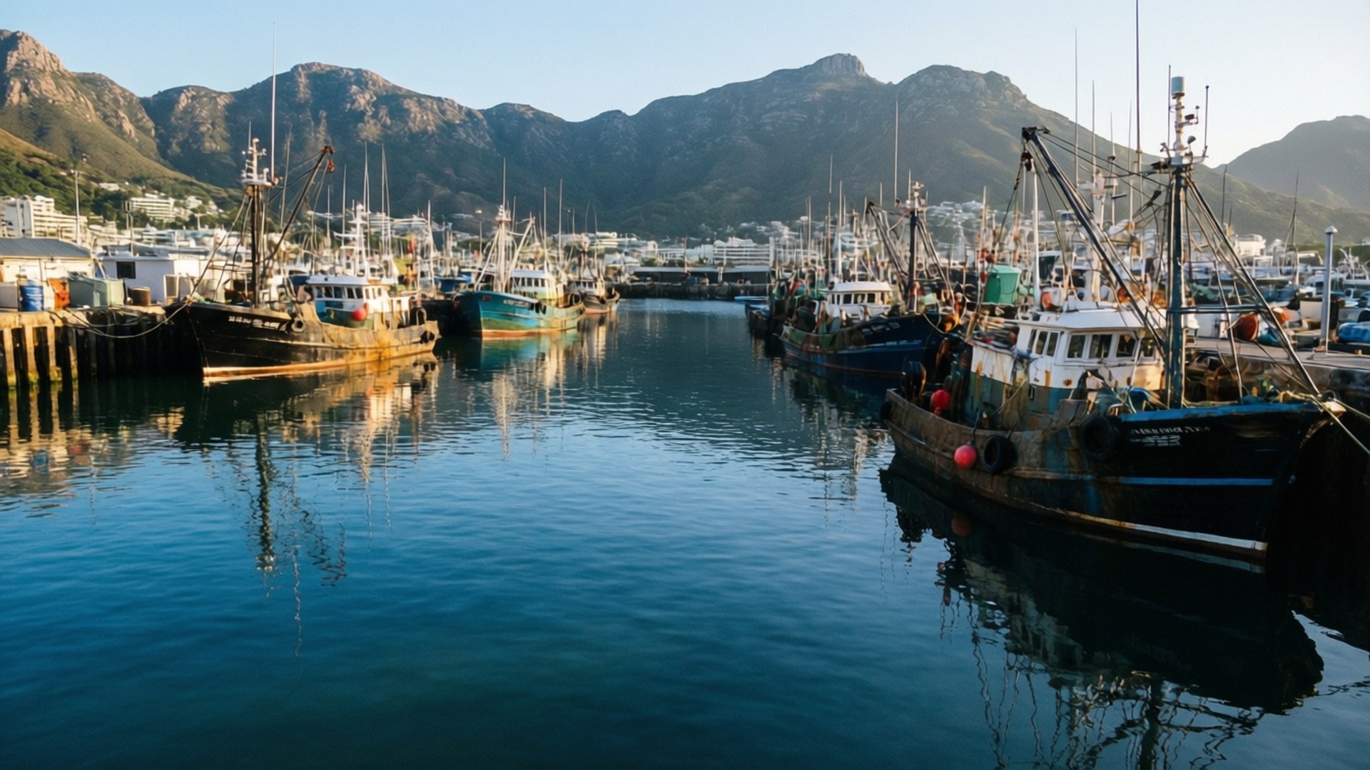 Hout Bay Harbor 壁紙 — 漁船停泊在寧靜的港口，背後群山聳立，天空晴朗。