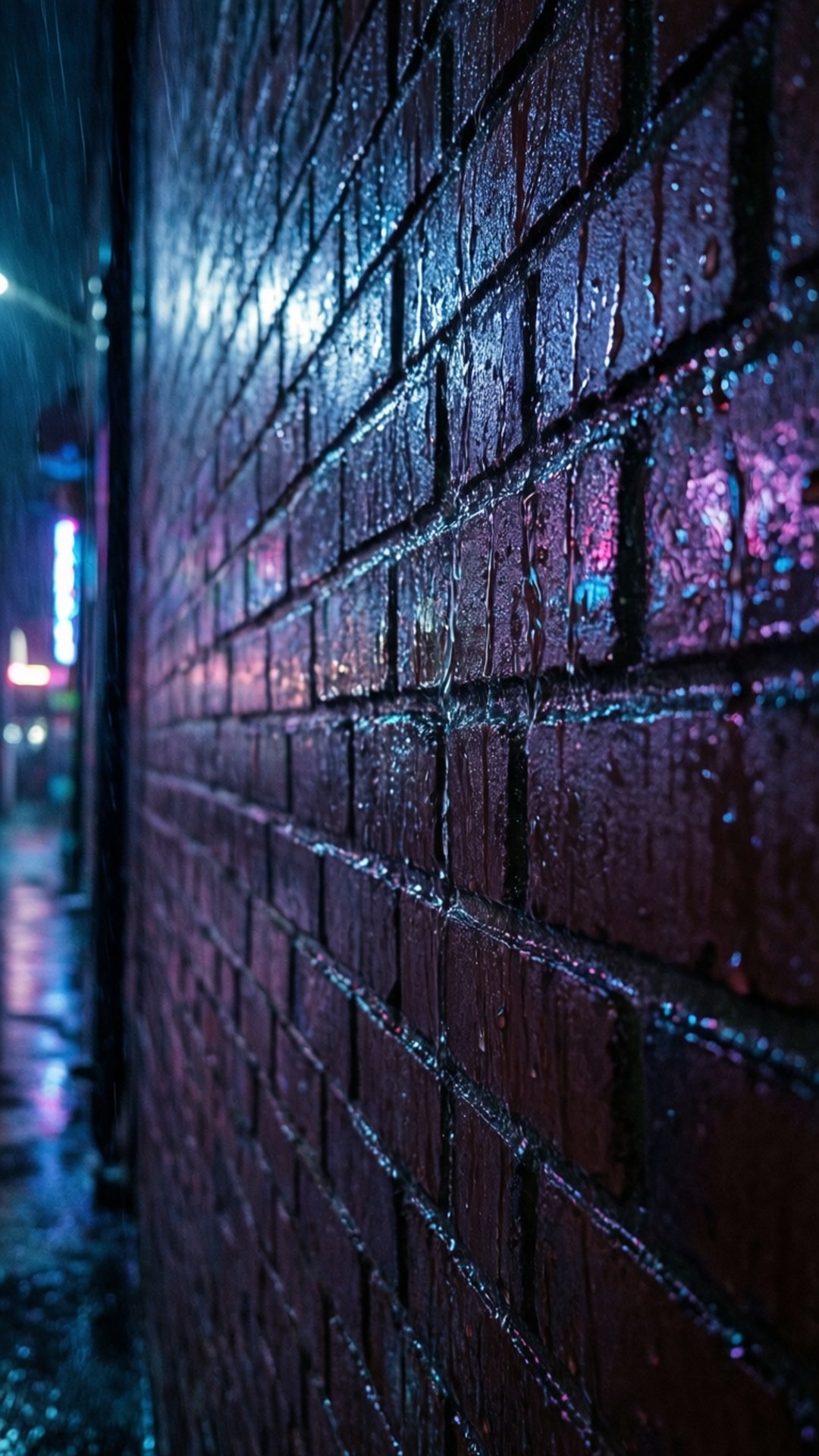 Neon Rain Bricks 壁紙 — 雨滴沿著潮濕的磚牆傾瀉而下，在霓虹燈下閃耀，位於雨中的城市小巷。