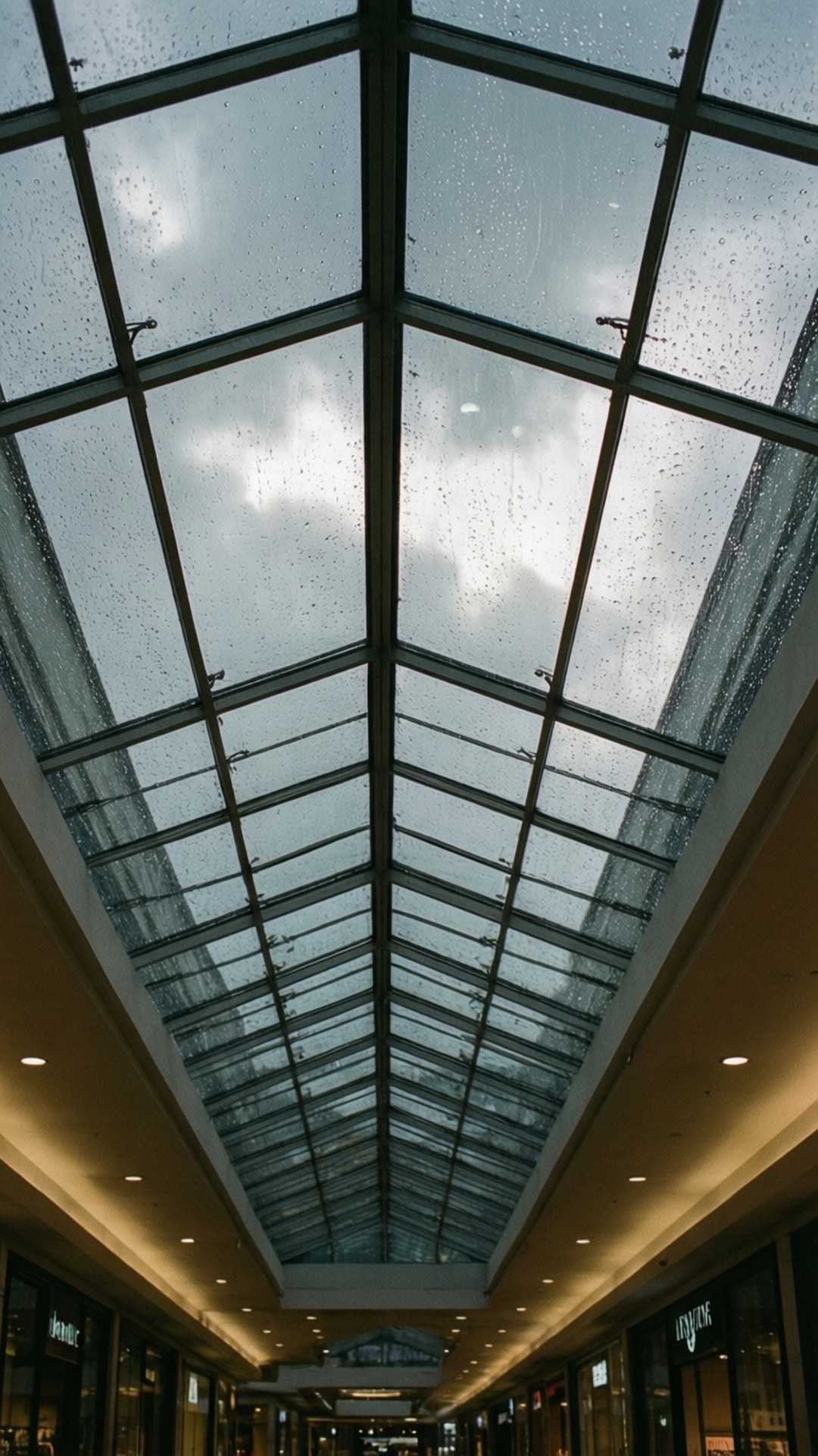 Rain on Glass Roof 壁紙 — 雨滴沿著購物中心的玻璃天花板流下，露出上方的多雲天空。